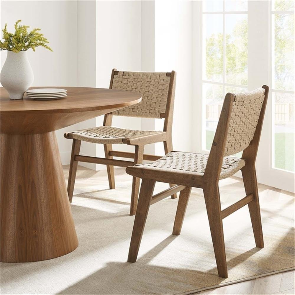 Walnut Natural Woven Rope Upholstered Side Chair Set