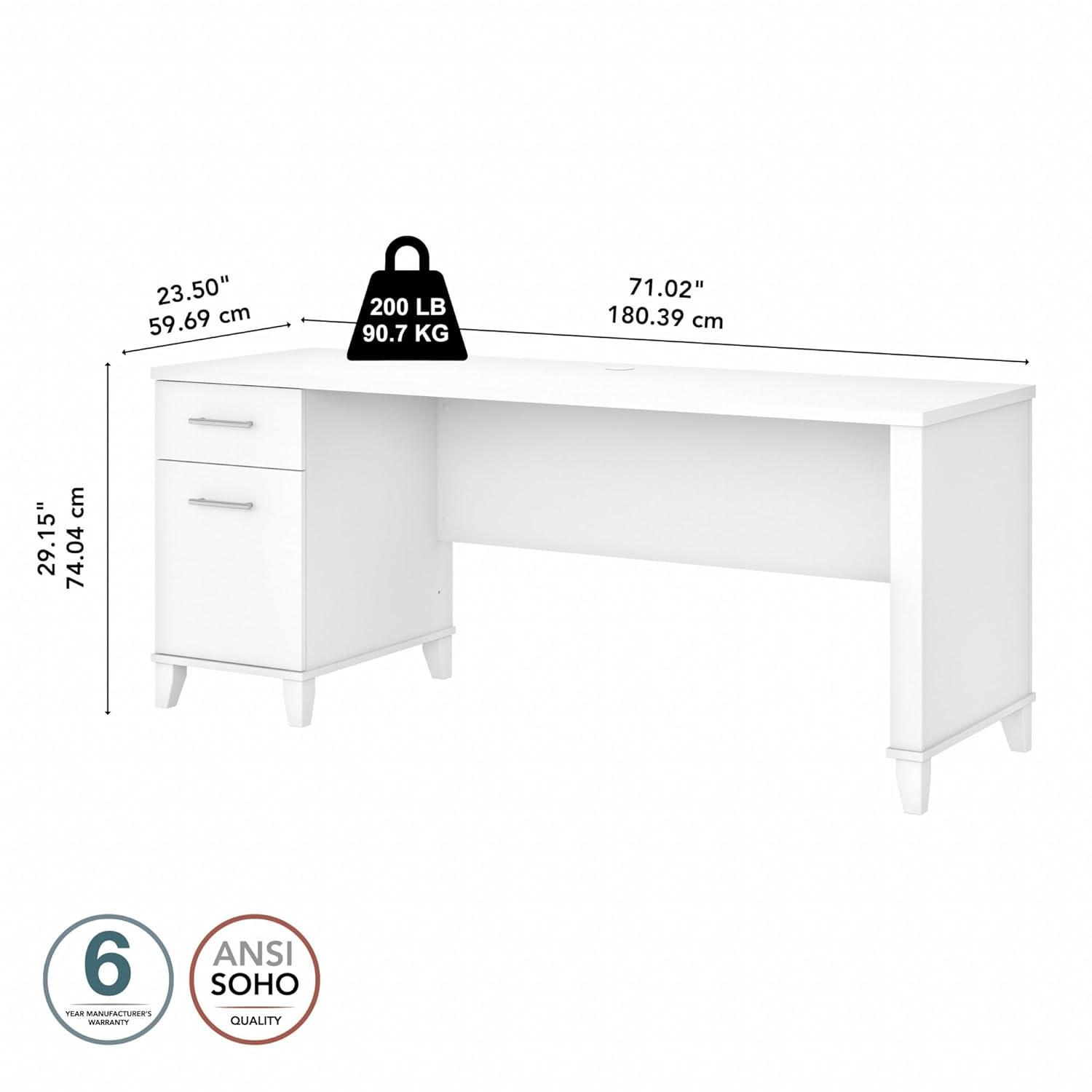 Bush Furniture Somerset 72" Single Pedestal Desk, White