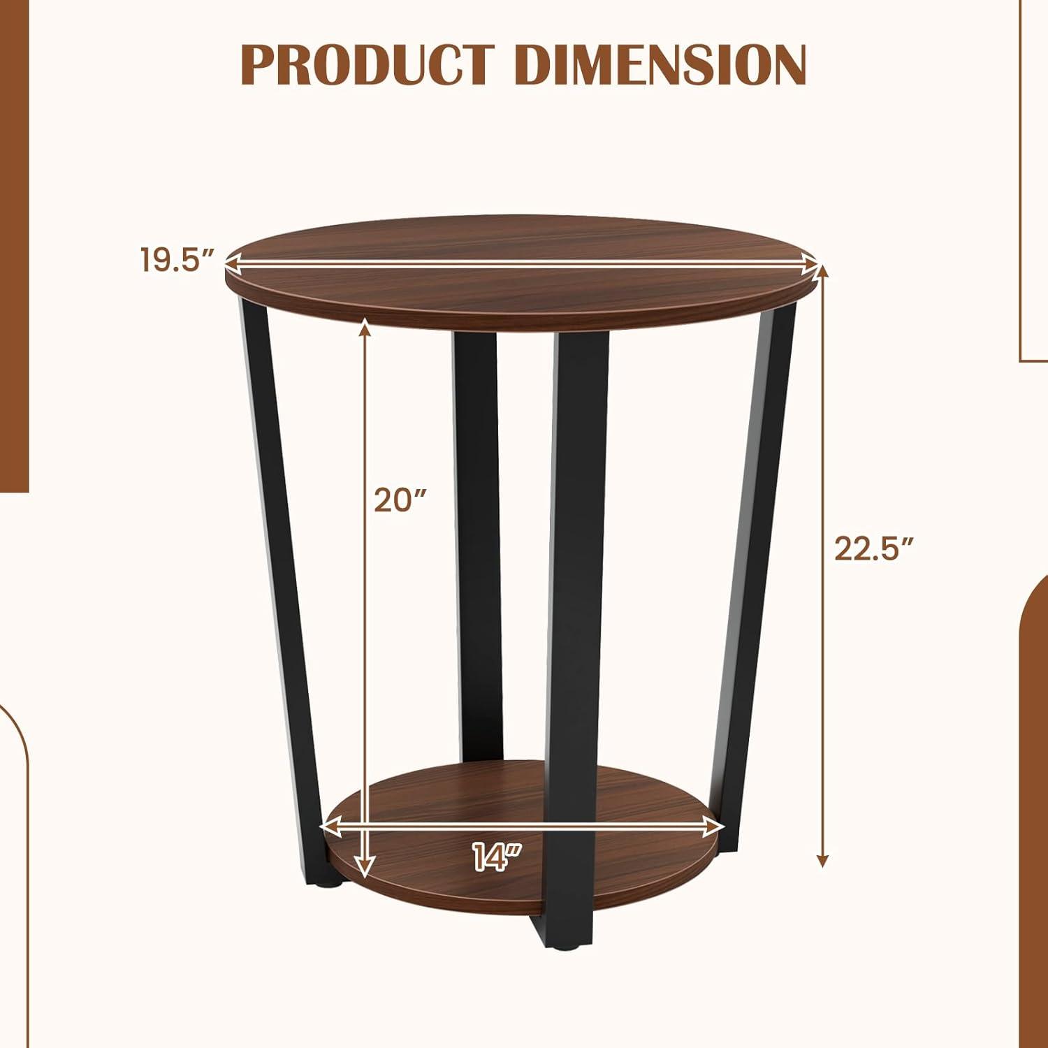 Topcobe 2-tier Round End Table with Storage Shelf & Metal Frame, Couch Side Table Living Room, Stylish Design, Walnut