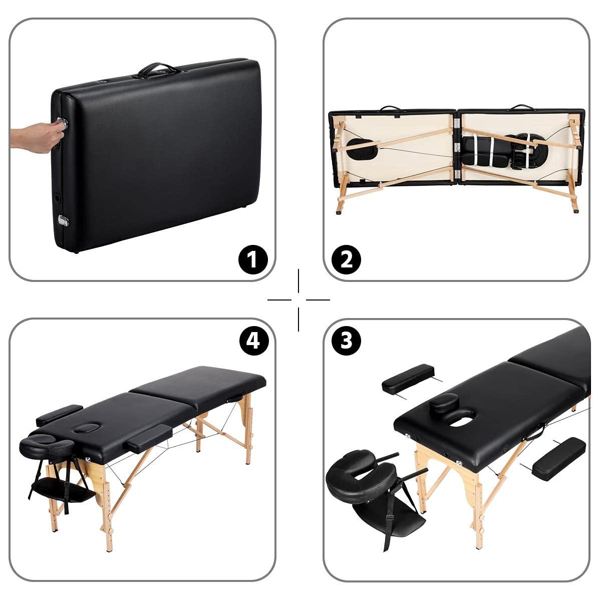 Adjustable Black Faux Leather Portable Massage Table with Beech Wood Legs