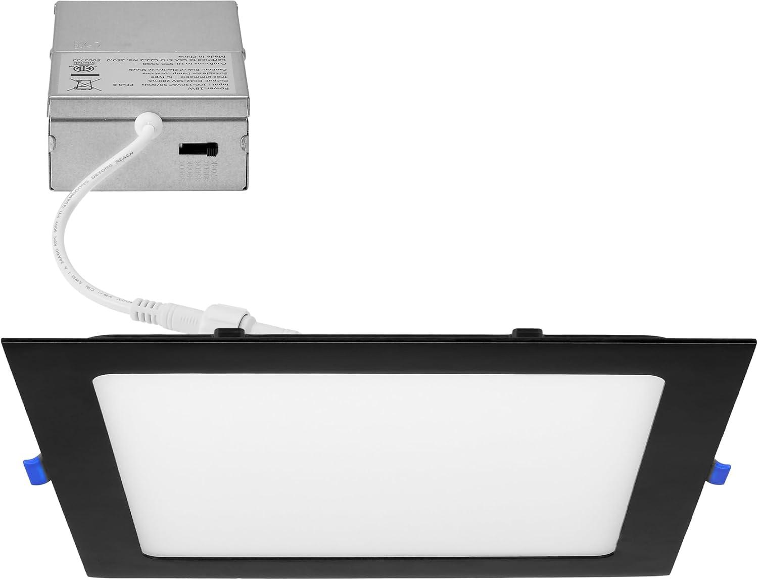 Maxxima 8 in. 5CCT Square Recessed LED Downlight, 1400 Lumens Slim Flat Panel Color Selectable 2700K/3000K/3500K/4000K/5000K, Dimmable, Canless IC Rated, Black Trim, J-Box Included