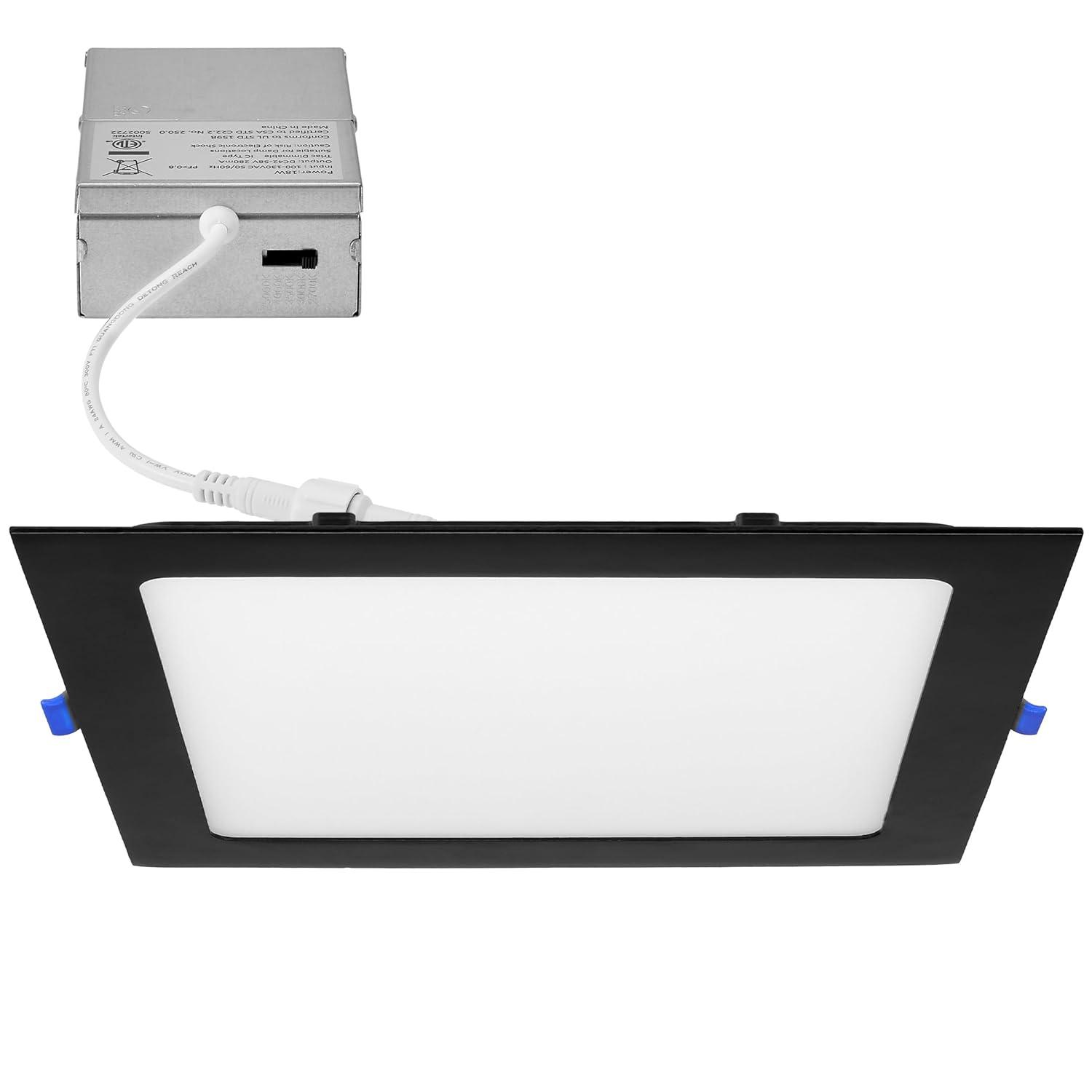 Maxxima 8 in. 5CCT Square Recessed LED Downlight, 1400 Lumens Slim Flat Panel Color Selectable 2700K/3000K/3500K/4000K/5000K, Dimmable, Canless IC Rated, Black Trim, J-Box Included