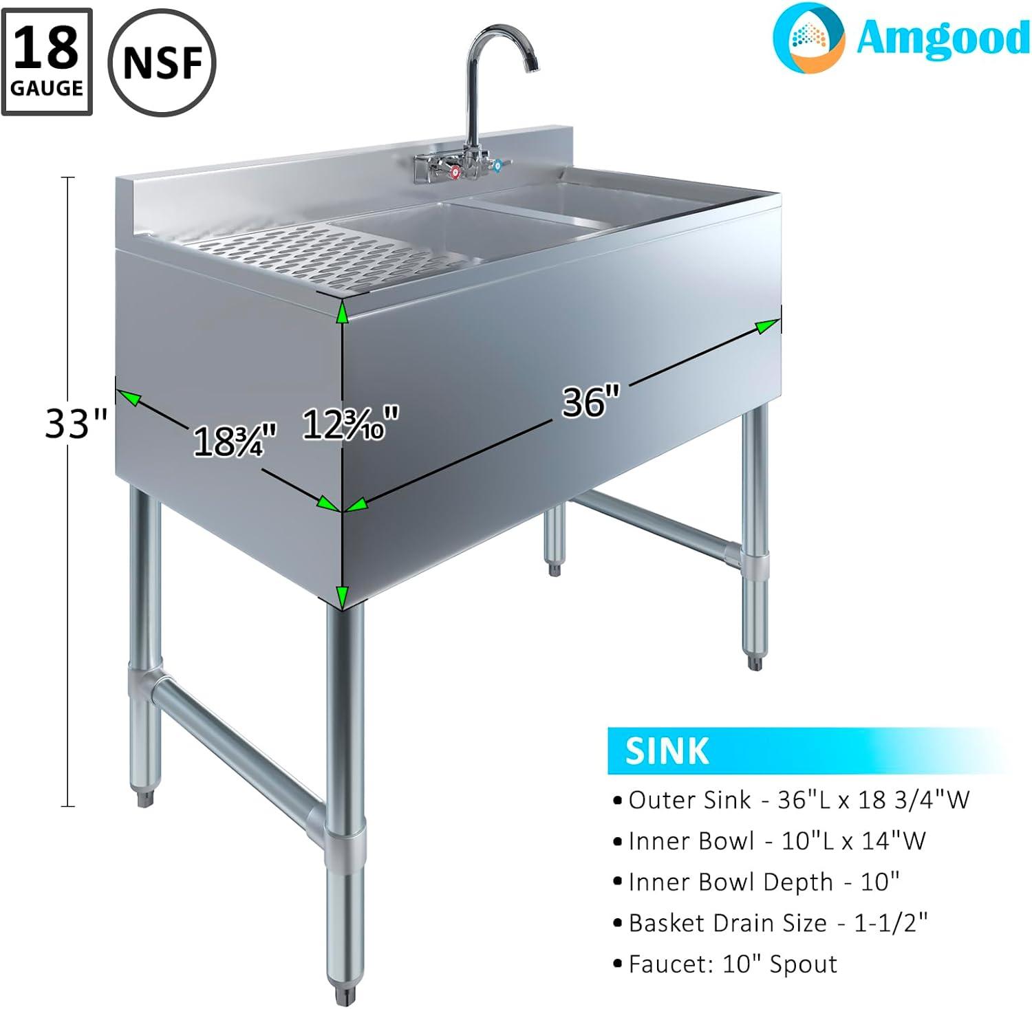 Stainless Steel 36" Under Bar Sink with Left Drainboard and Faucet