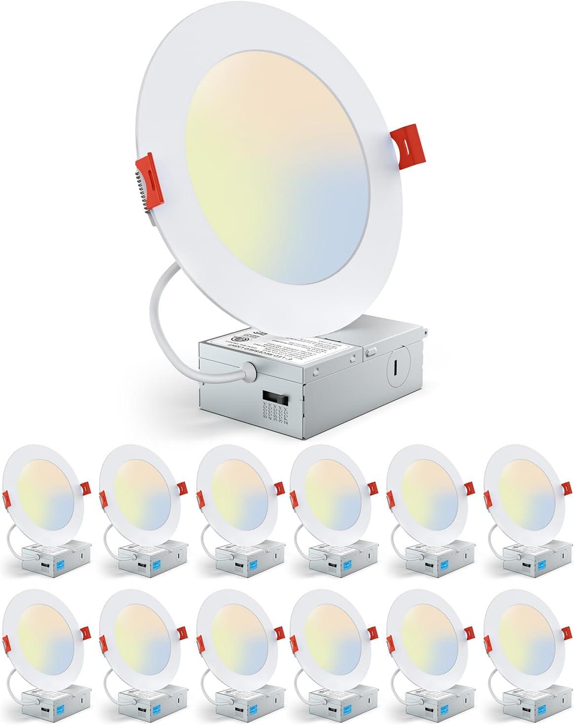 PARMIDA (12 Pack) 6 Inch Ultra-Thin LED Recessed Ceiling Light with Junction Box, 5CCT Color Selectable 2700K/3000K/3500K/4000K/5000K, 12W, Dimmable Canless Wafer Slim Panel Downlight, IC Rated, ETL