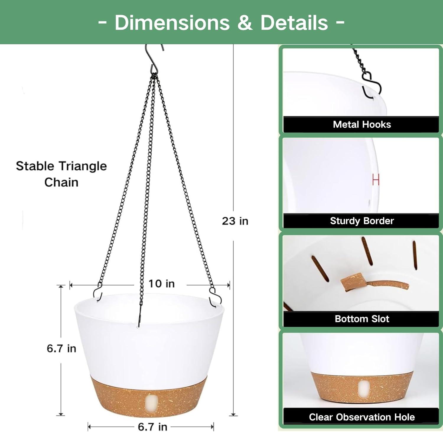 QCQHDU 2 Pack 10 inch White Plastic Hanging Planters with 3 Hooks, Hanging Plant Pot Basket with Drainage Hole for Garden Home