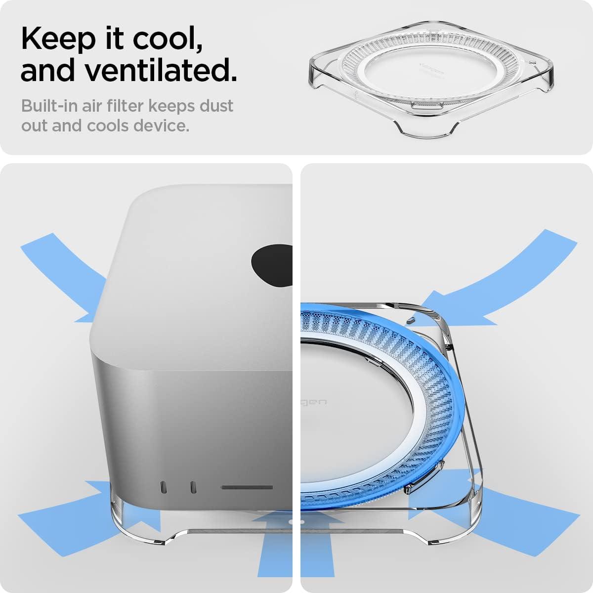 Spigen Mac Studio Stand with Built in Air Filter Designed for M4/M2/M1 Max, M3/M2/M1 Ultra Desktop Mount PVC Dust Prevention Ventilation - Crystal Clear