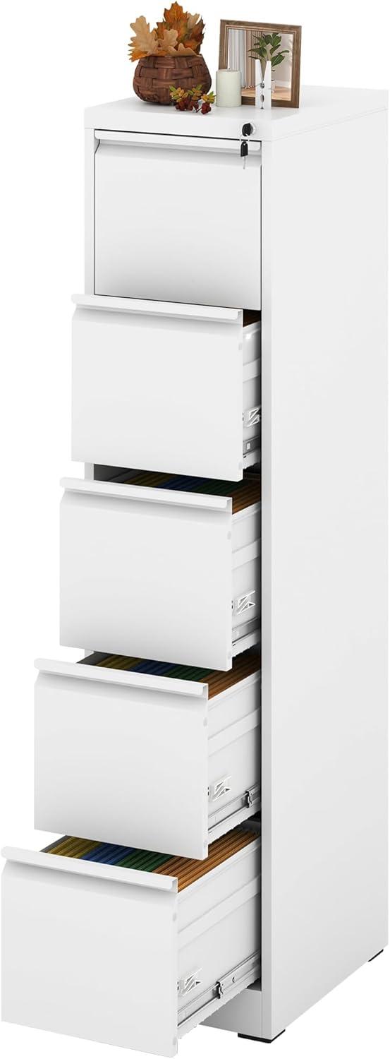 White Vertical 5-Drawer Lockable Metal Filing Cabinet