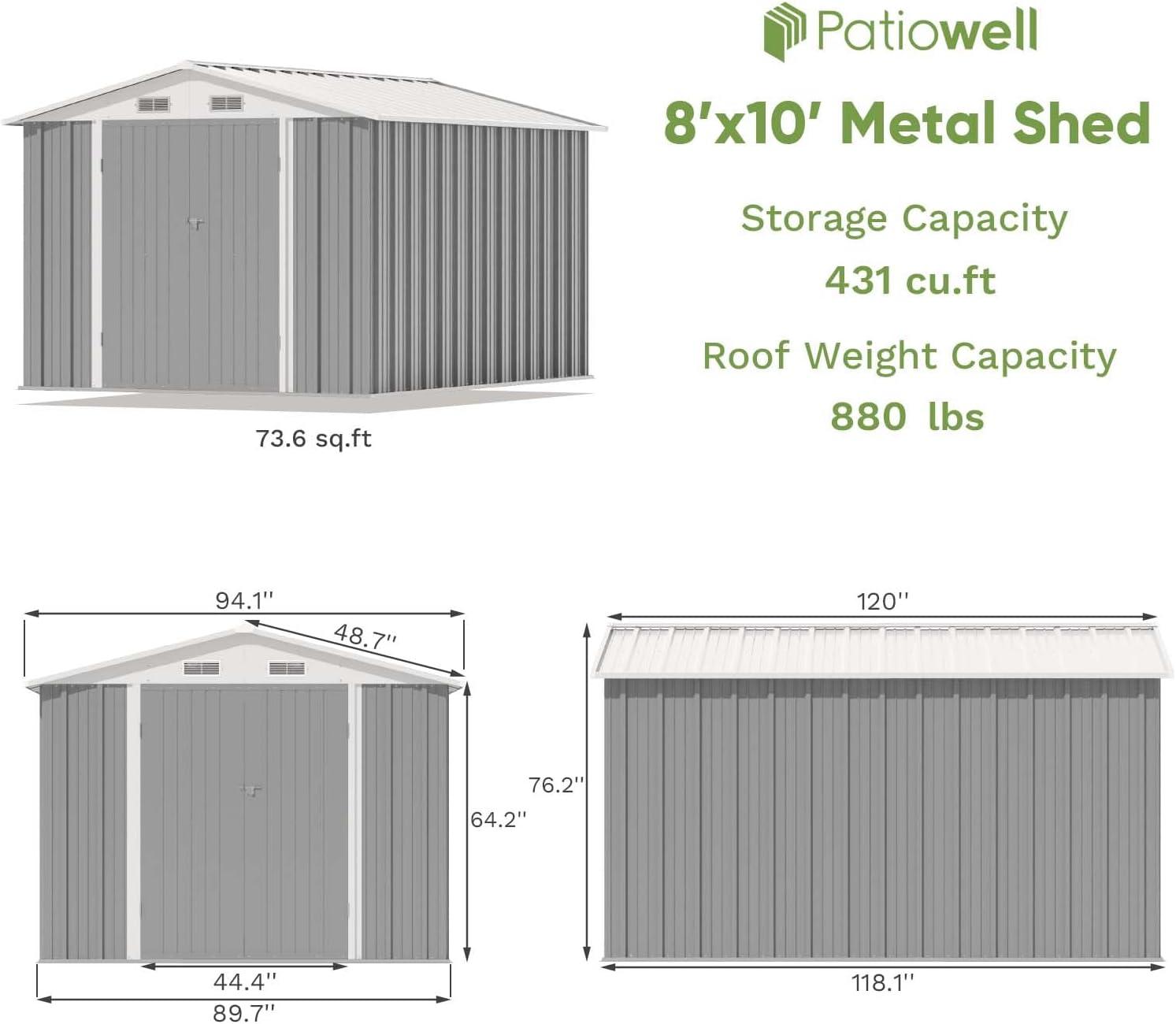 Patiowell  10 x 8 ft. Outdoor Storage Metal Shed with Sloping Roof and Double Lockable Door, Gray