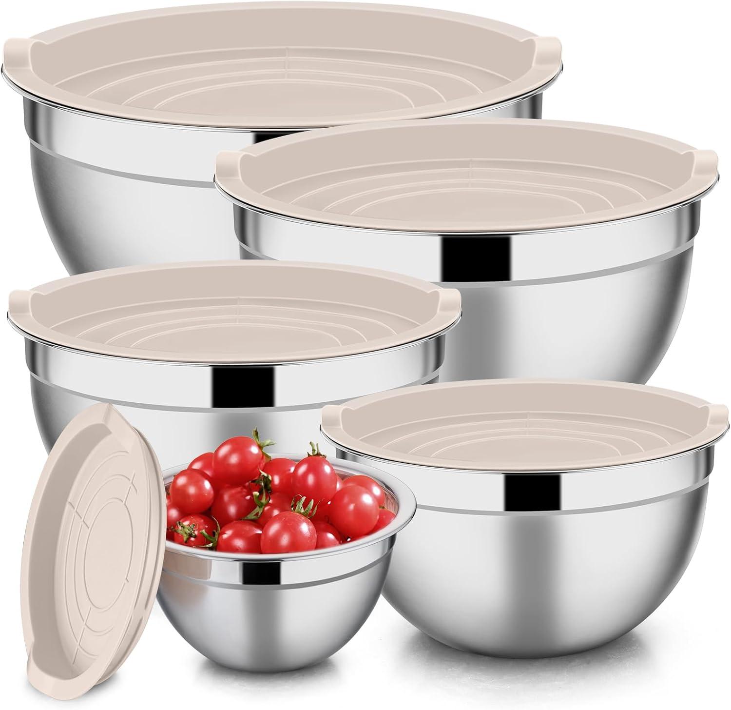 Khaki Stainless Steel Nesting Mixing Bowls with Lids Set of 5