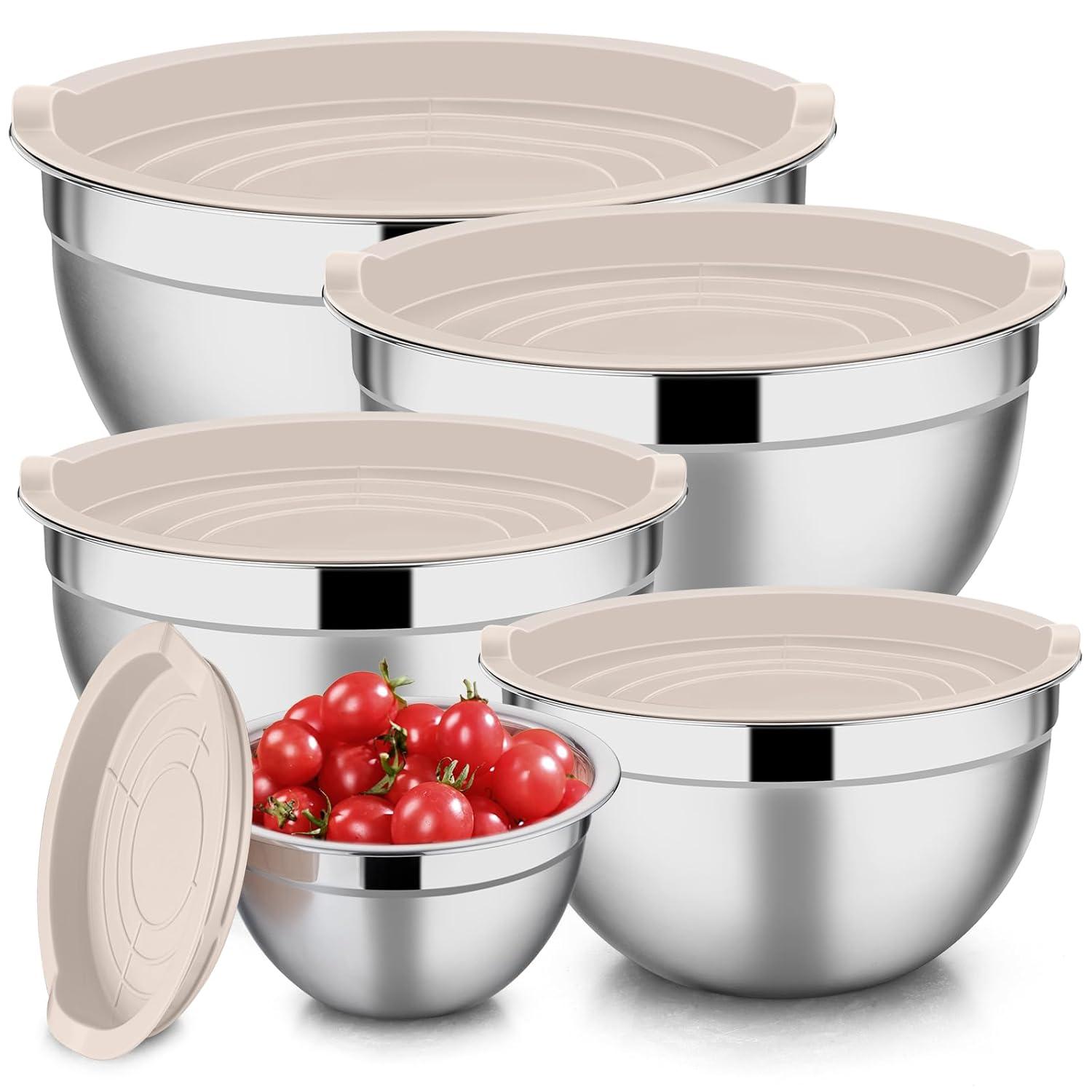 Toledo Bath & Kitchen Stainless Steel Mixing Bowls With Lids, 5-Pack Metal Nesting Bowls With Airtight Covers For Cooking, Baking, Serving, Storage, Non-Toxic & Dishwasher Safe, Size 4.6/3/1.5/1/0.7QT - Khaki