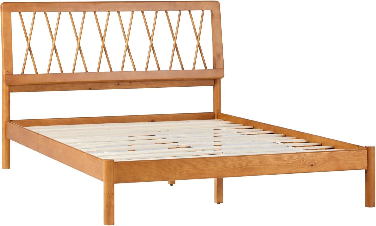 Caramel Pine Wood Queen Platform Bed with Geometric Headboard