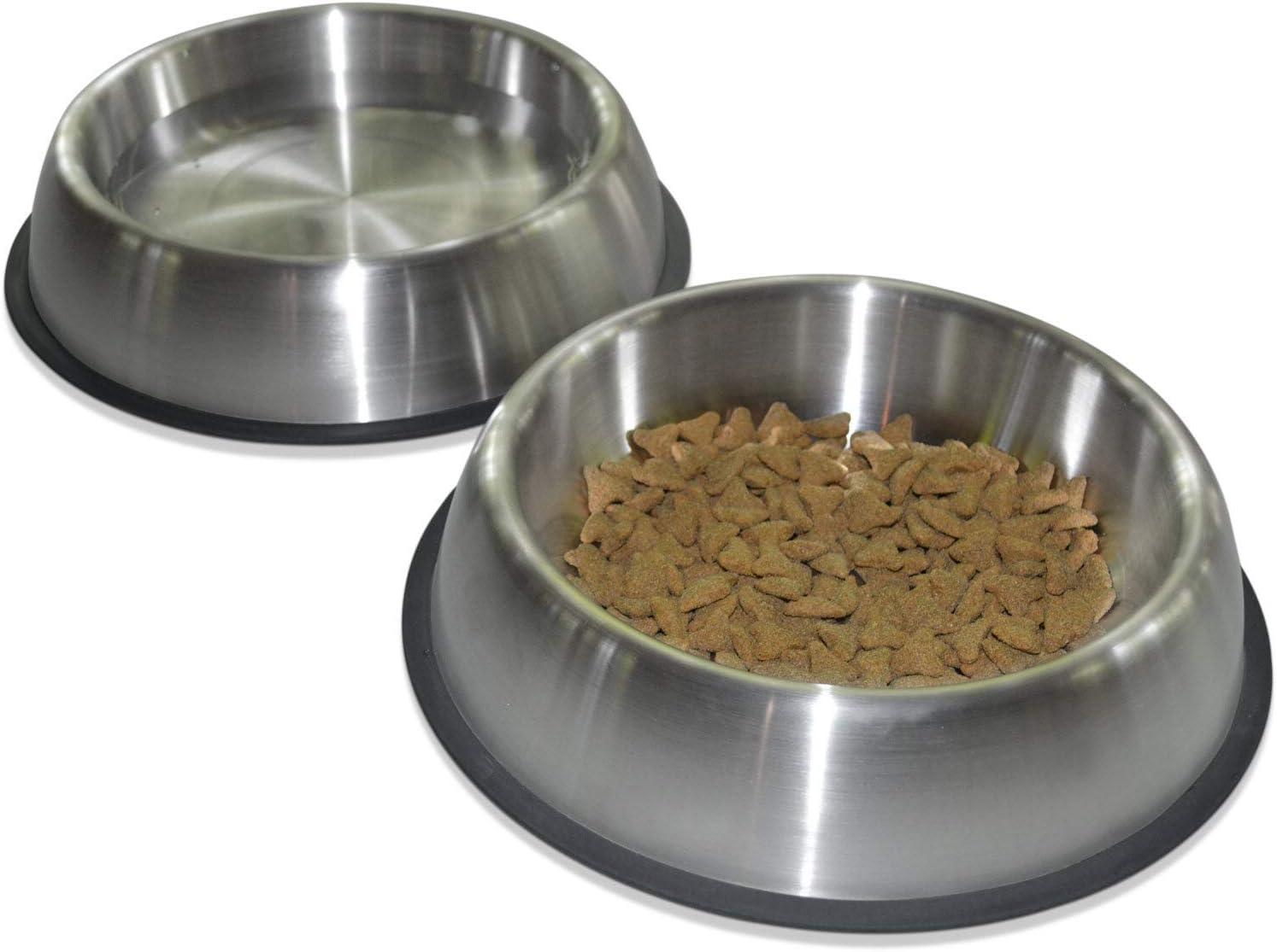 PetFusion Premium Brushed Anti-Tip Dog & Cat Bowls (Set of 2 Bowls). Food Grade Stainless Steel. Bonded Silicone Ring for Traction, Metallic, 32 oz