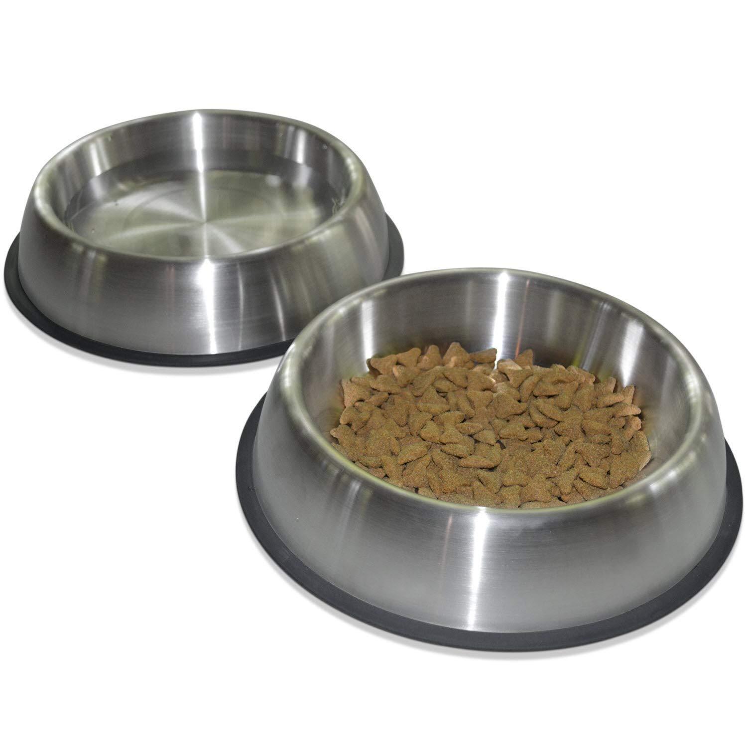 PetFusion Premium Brushed Anti-Tip Dog & Cat Bowls (Set of 2 Bowls). Food Grade Stainless Steel. Bonded Silicone Ring for Traction, Metallic, 32 oz