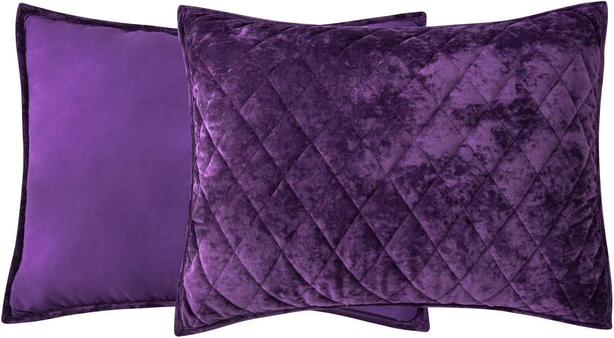 Fredsure Distressed Velvet Quilt Set, 3 Pieces Purple Queen, Distressed Velvet Face and Brushed Microfiber Reverse with Diamond Quilting