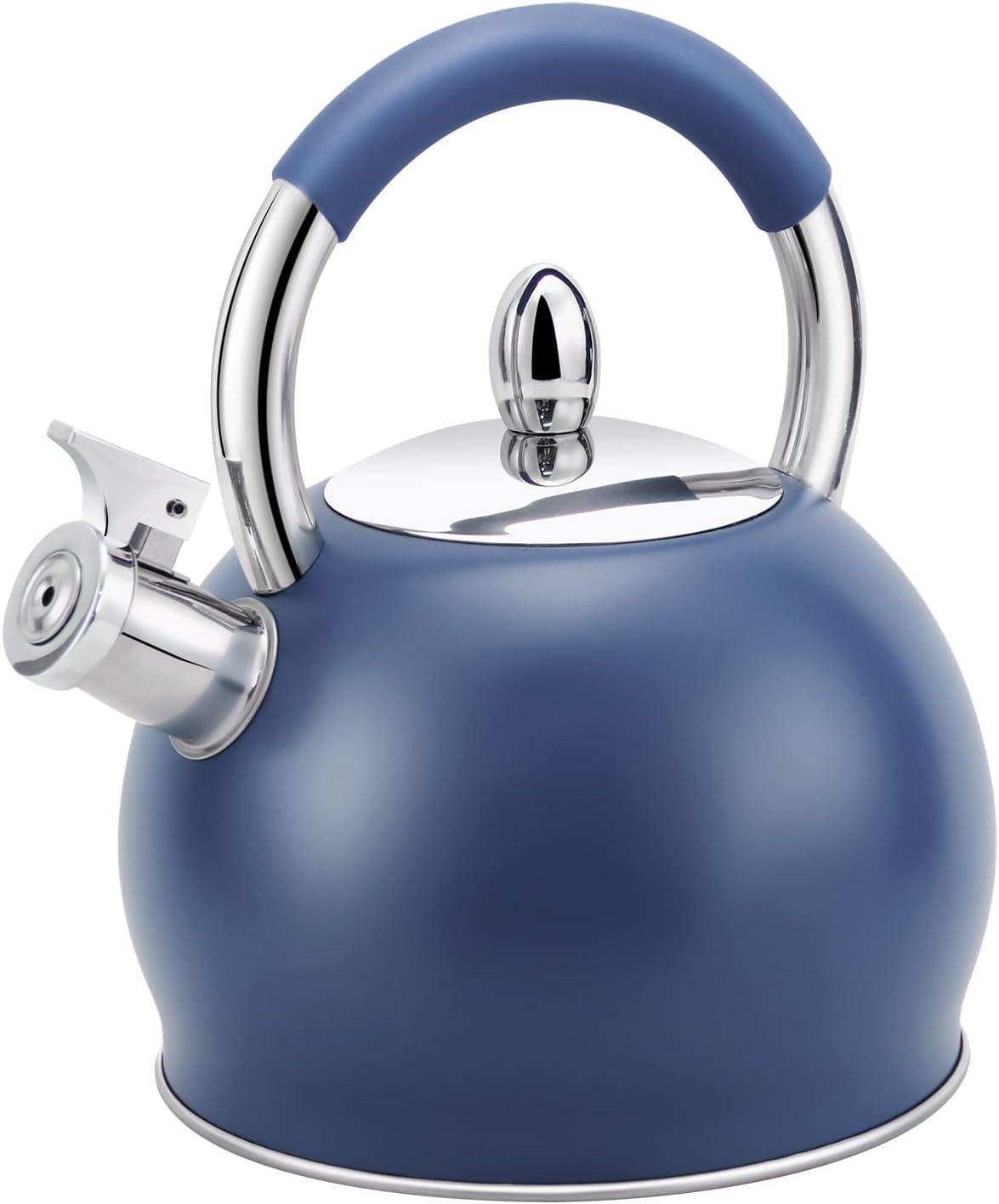 STPGoods Stainless Steel Whistling Kettle with Ergonomic Silicone Handle 3.2 Qt (3 L) Tea Kettle for Stove Top Blue