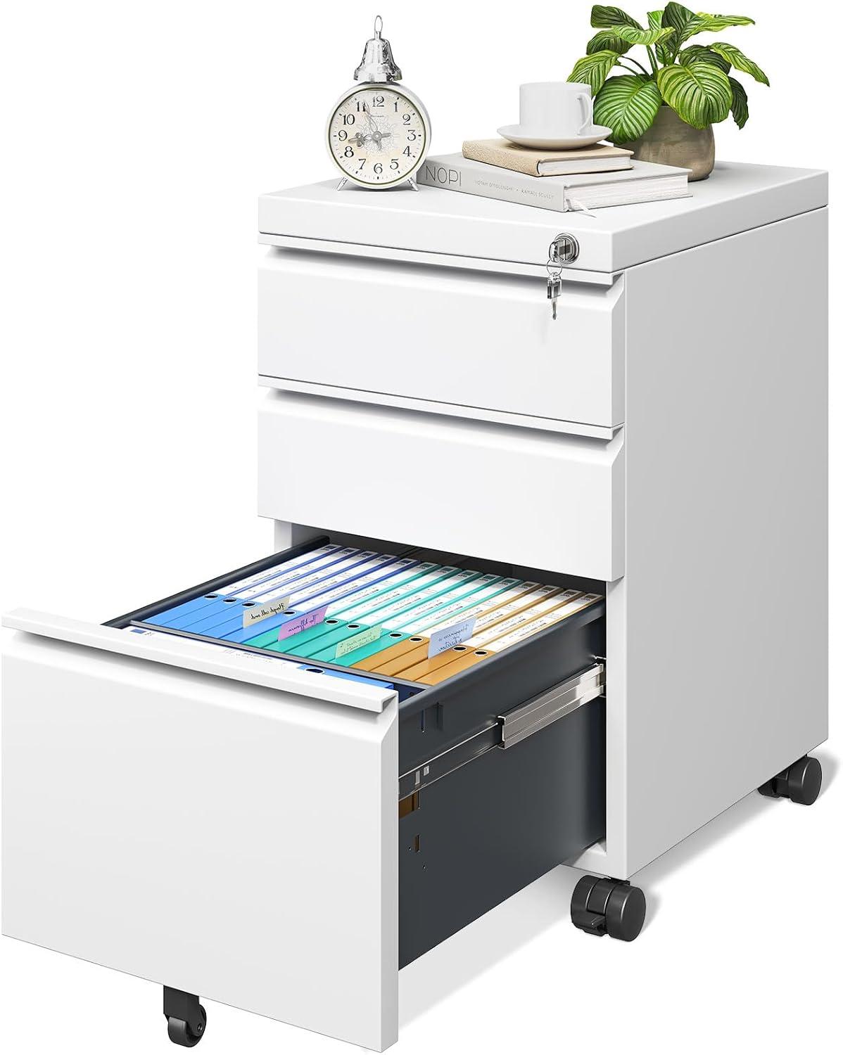 White Metal 3-Drawer Lockable Mobile Filing Cabinet