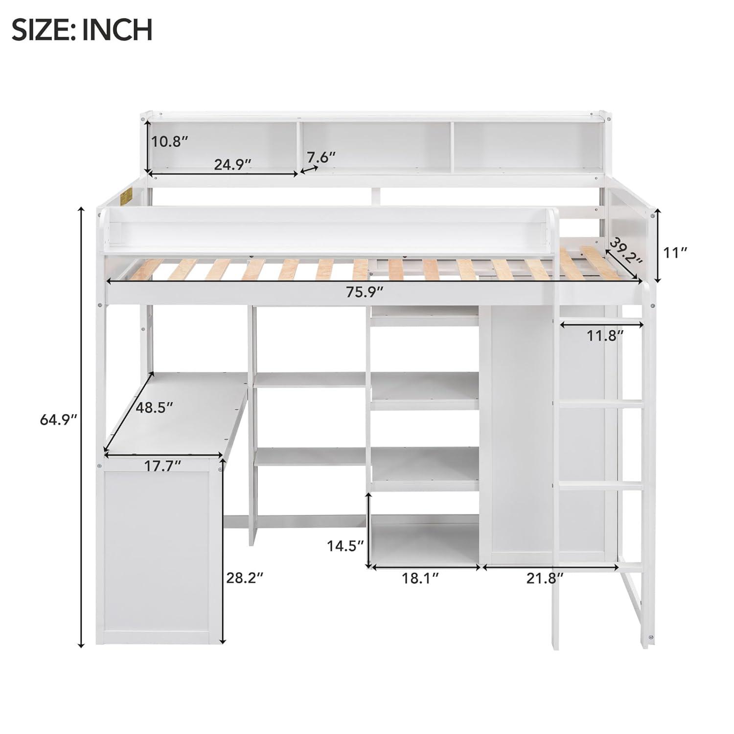 Harper & Bright Designs Twin Size Loft Bed with Storage Shelves and Wardrobe, Wood Loft Bed with Built-in Desk and Staircase for Adults Boys Girls, Space Saving