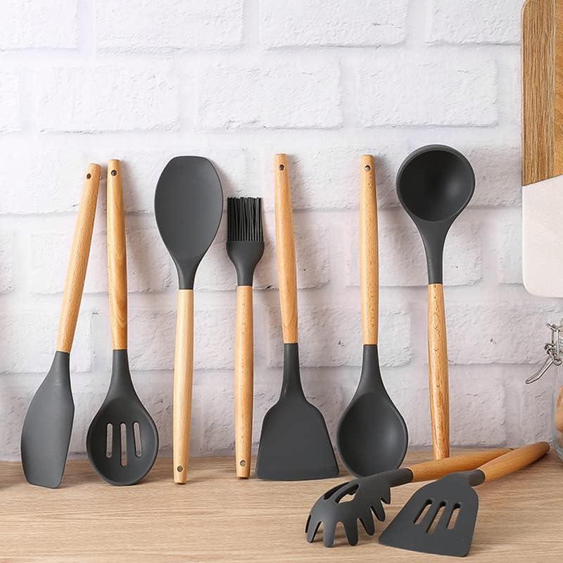 VIVAYO Silicone Cooking Utensil Kitchen Utensils Set, 12 Pieces Silicone Kitchen Utensil Wooden Handles, Kitchen Spatula Sets with Holder Spoon Turner Tongs, Gray