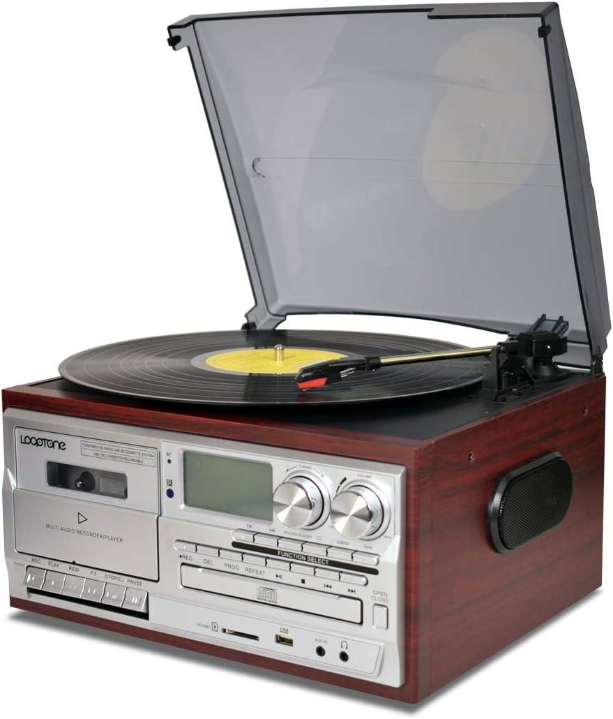 Record Player 9 in 1 3 Speed Bluetooth Vintage Turntable CD Cassette Vinyl Player AM/FM Radio USB/SD Encoding Aux-in RCA Line-Out (Silver)