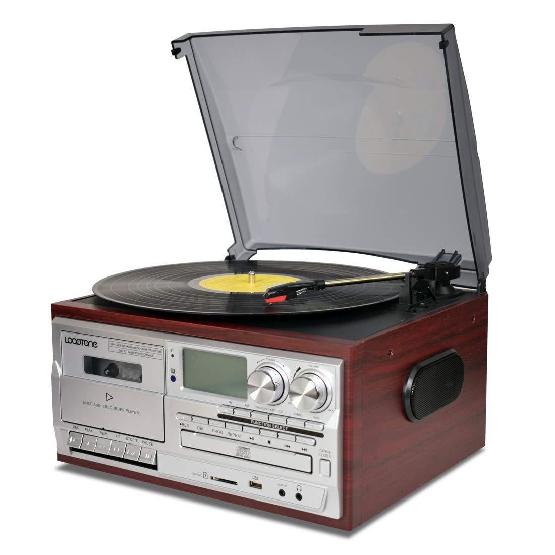 Record Player 9 in 1 3 Speed Bluetooth Vintage Turntable CD Cassette Vinyl Player AM/FM Radio USB/SD Encoding Aux-in RCA Line-Out (Silver)
