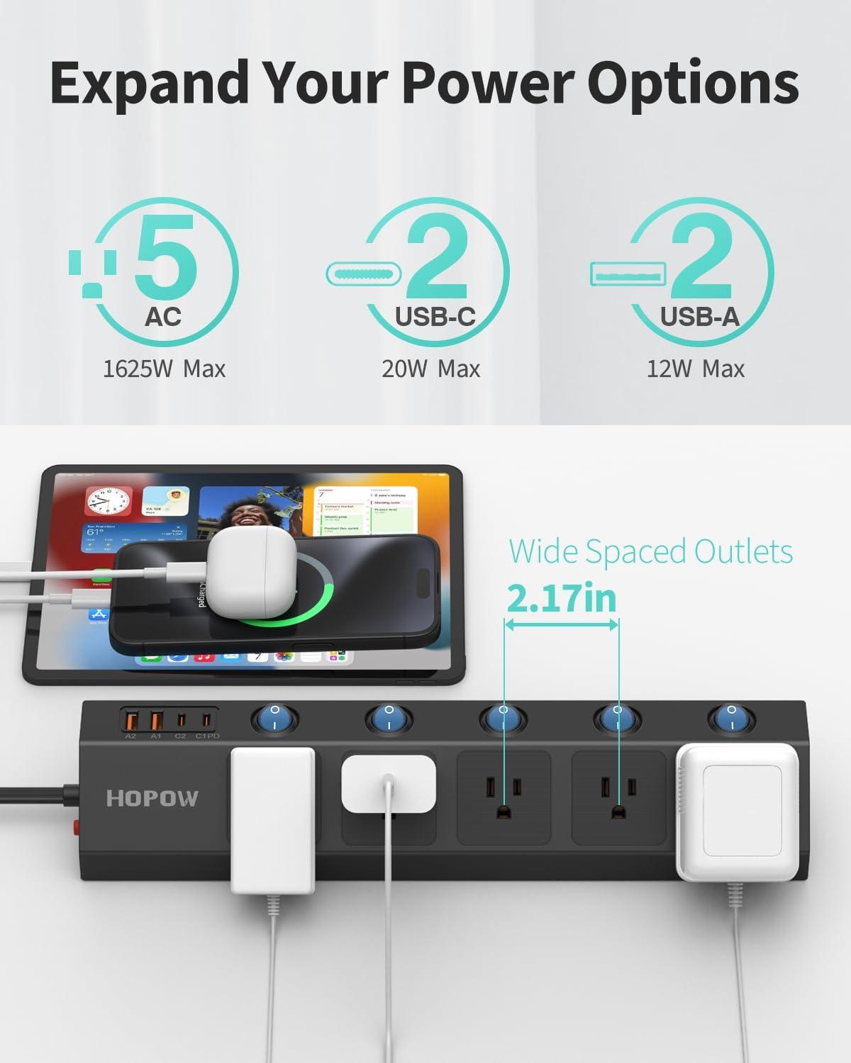 Black 10 Ft Flat Plug Power Strip with USB-C and USB-A Ports