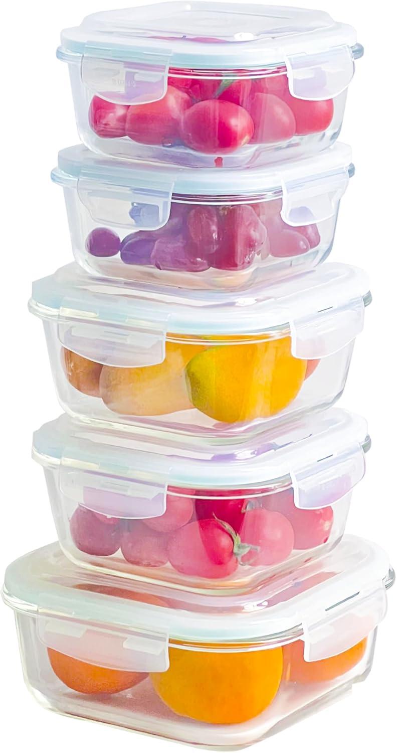 Razab 10-Piece Glass Food Storage Containers with Airtight Lids – Leakproof, BPA-Free, Oven, Microwave, Freezer & Dishwasher Safe Meal Prep Containers for Kitchen & Pantry Organization