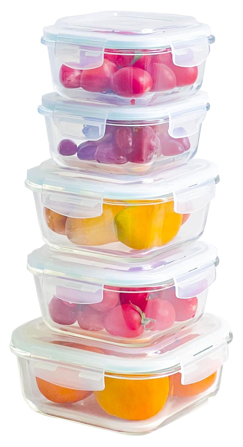 Razab 10-Piece Glass Food Storage Containers with Airtight Lids – Leakproof, BPA-Free, Oven, Microwave, Freezer & Dishwasher Safe Meal Prep Containers for Kitchen & Pantry Organization