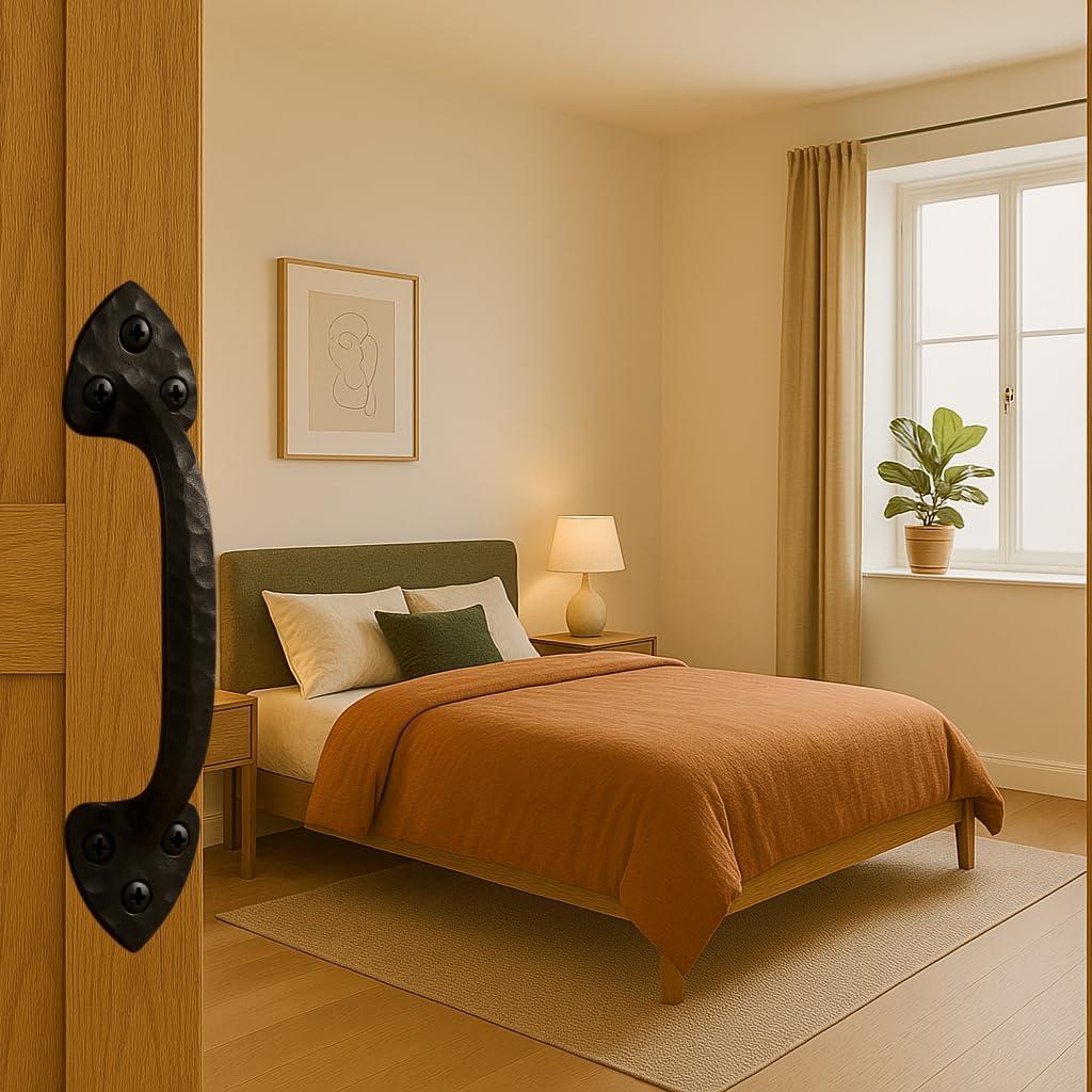 8 Inch Cast Iron Door Handle – Heavy-Duty Medieval Gate Pull – Rustic Hammered Barn Door Grip for Cabinets, Sheds & Interior Doors – Screws Included