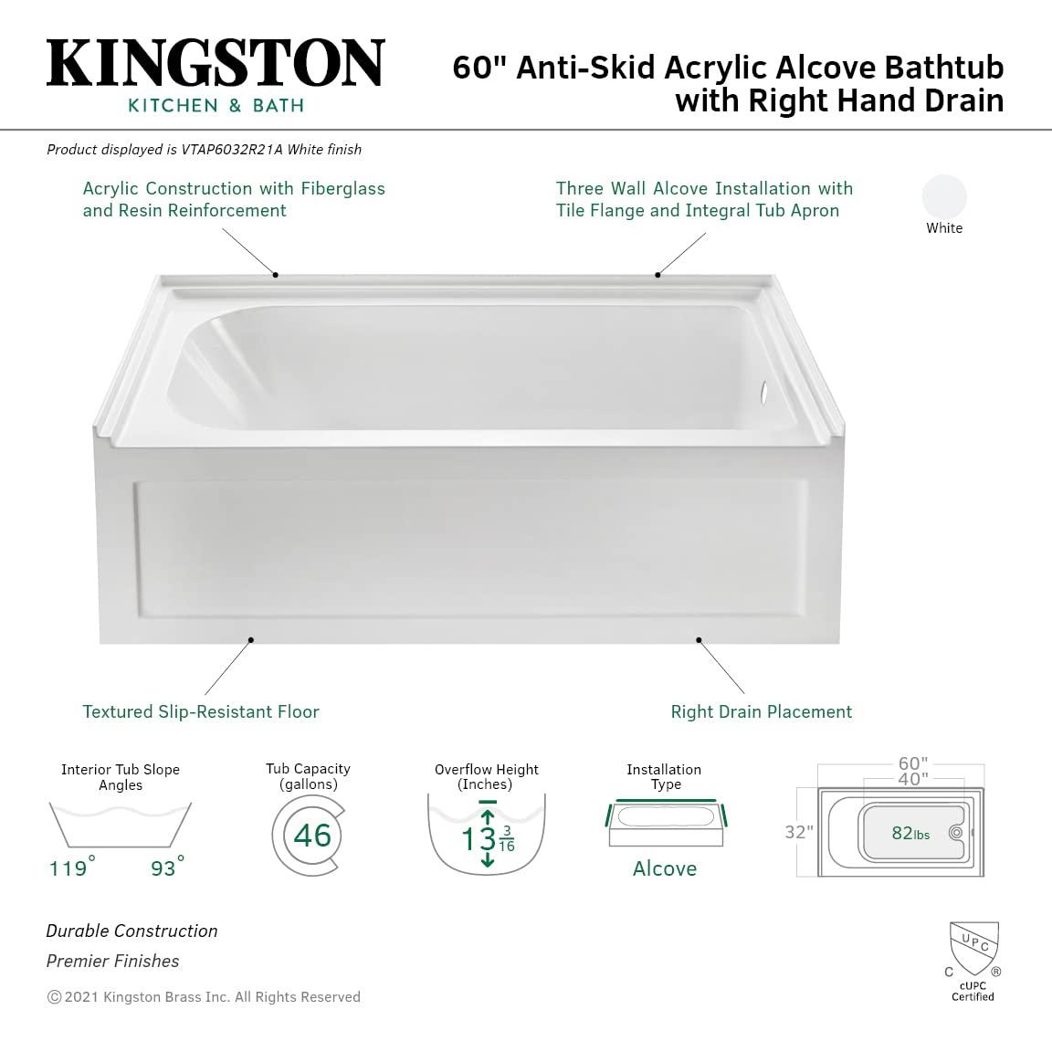 Kingston Brass Aqua Eden 60-Inch Acrylic Rectangular 3-Wall Alcove Tub with Anti-Skid Surface