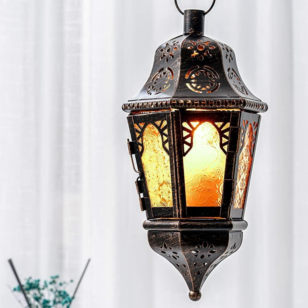DECORKEY Moroccan Lantern Decorative Indoor & Outdoor, 13.6’’ Vintage Decorative Hanging Lanterns with Chian for Home Porch Patio Decor, Metal Ramadan Christmas Candle Holder Decorations (Amber)