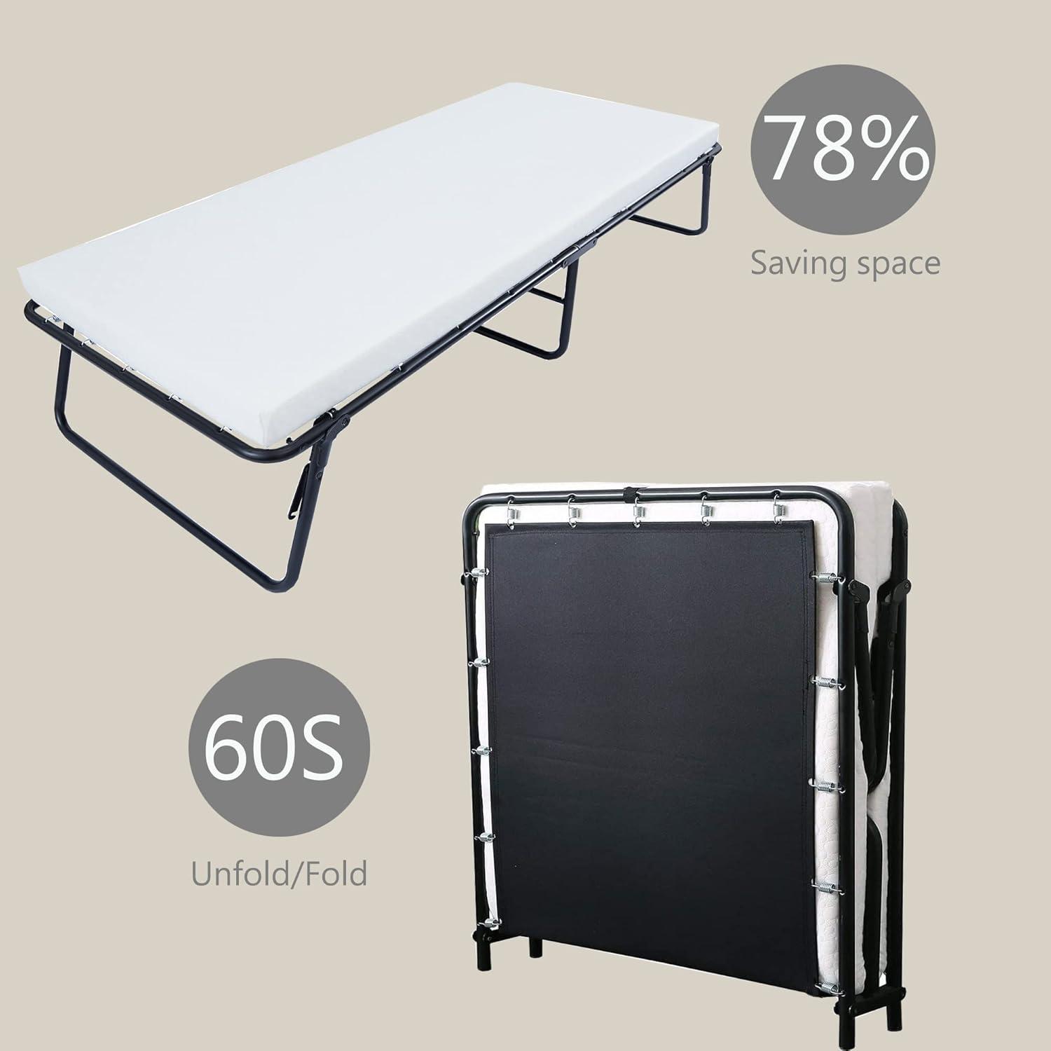 Black Metal Rollaway Bed with Memory Foam Mattress