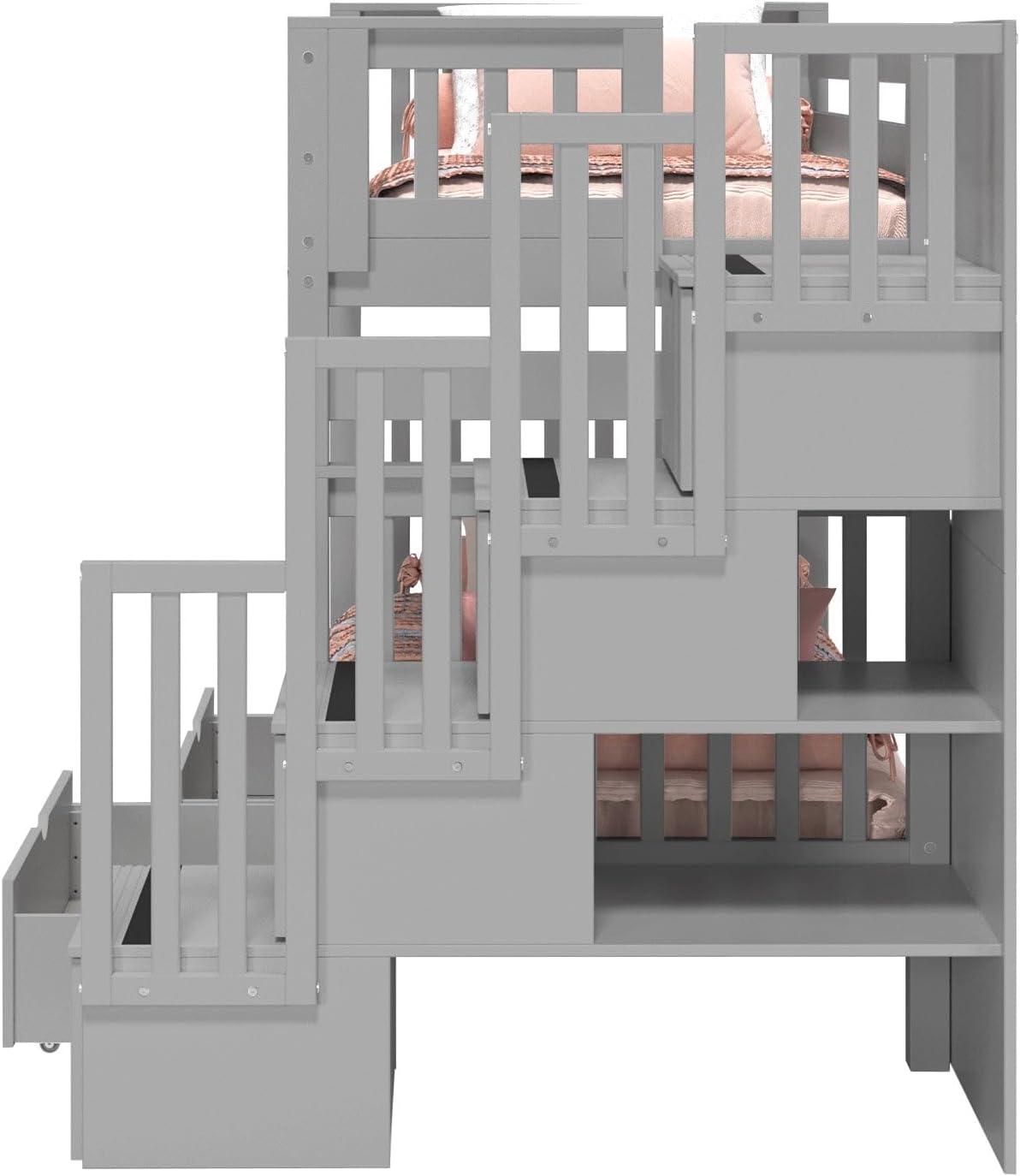 Bedz King Tall Stairway Bunk Beds Twin over Twin with 4 Drawers in the Steps and 2 Under Bed Drawers, Gray