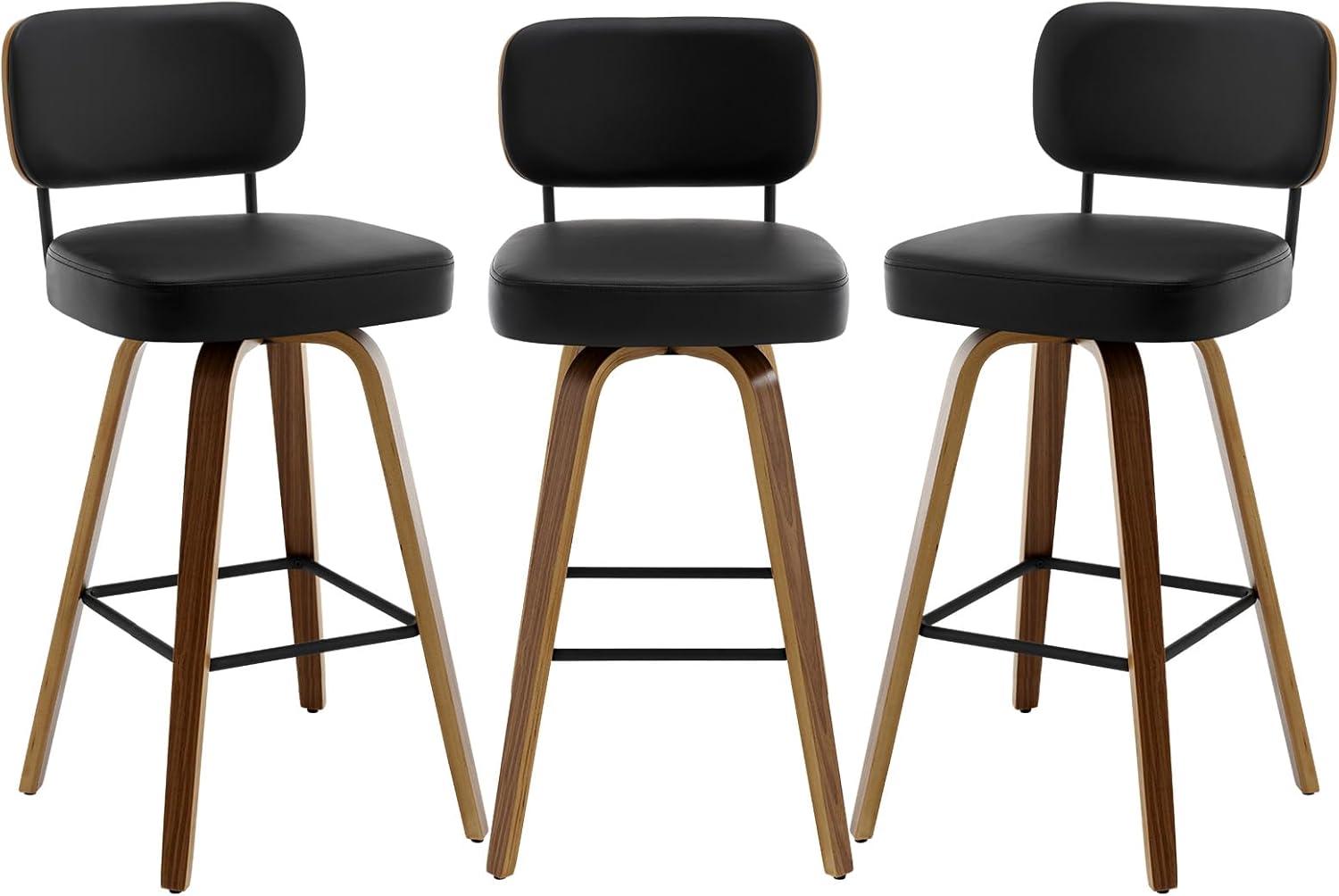 Grey Faux Leather Swivel Bar Stools with Wood Back