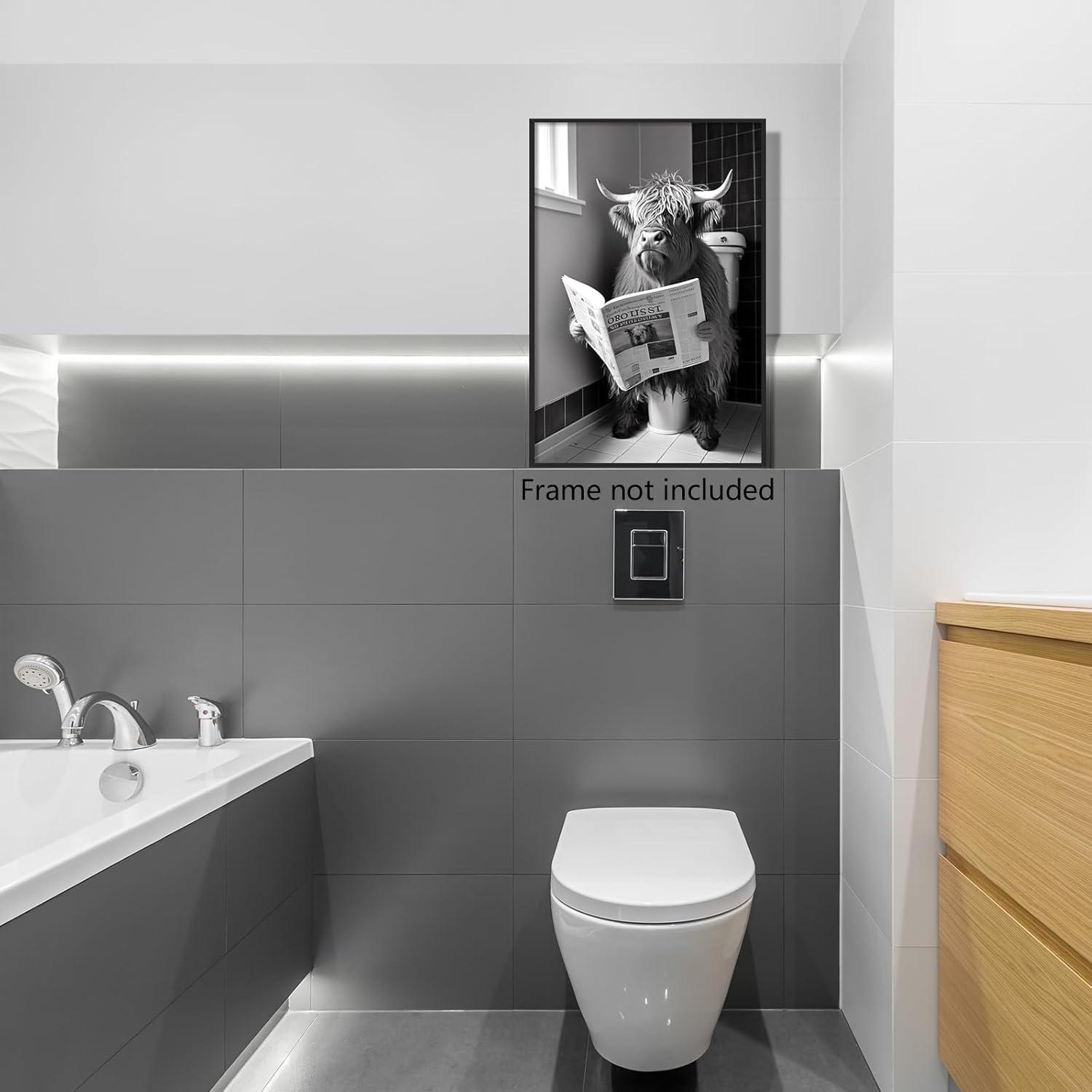 Yaasilinage Highland Cow Canvas Wall Art, Cow Sitting on The Toilet Reading Newspaper Print Poster, Funny Animal Bathroom Pictures for Toilet Guest Room Wall Decor 12x16in Unframed