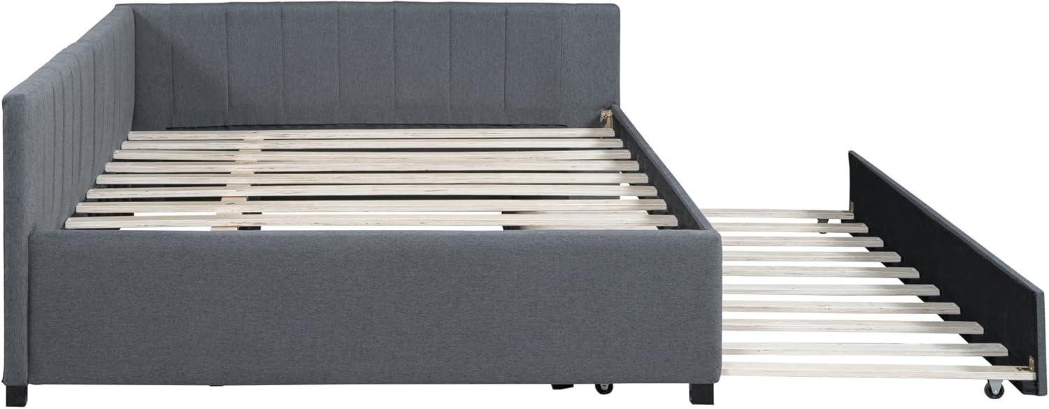 Linen Daybed, Full Solid Wood Daybed with Twin Size Trundle Bed, Bed Frame with Support of Slats, Maximize Space for Living Room, Bedroom and Guest Room, Gray
