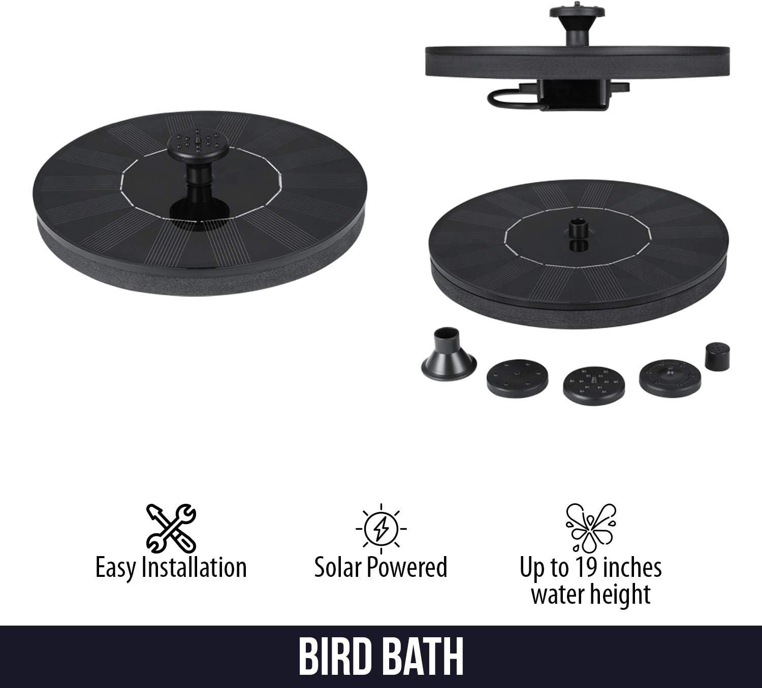Dartwood Solar Bird Bath and Water Fountain with 4 Different Nozzle Heads - Perfect for Bird Baths and Small Ponds