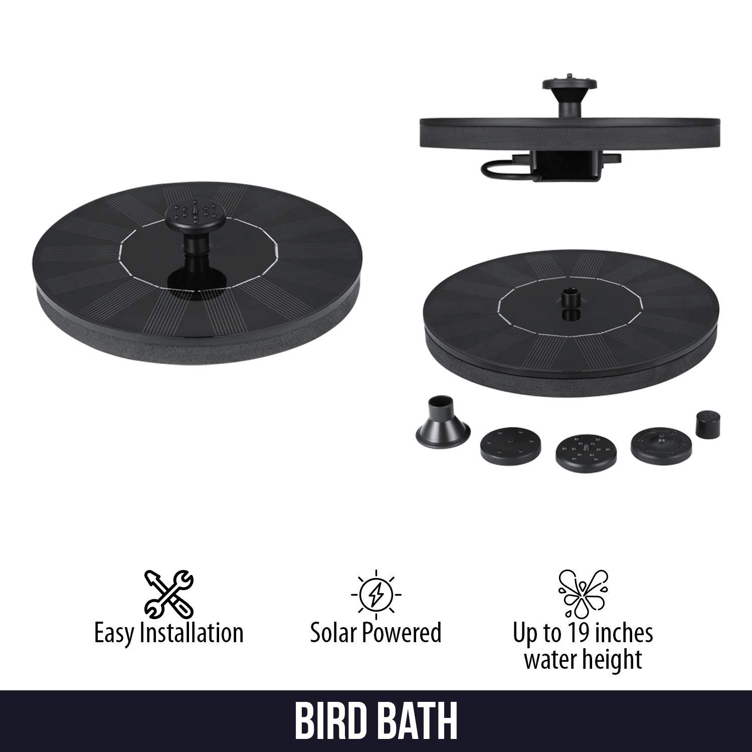Dartwood Solar Bird Bath and Water Fountain with 4 Different Nozzle Heads - Perfect for Bird Baths and Small Ponds