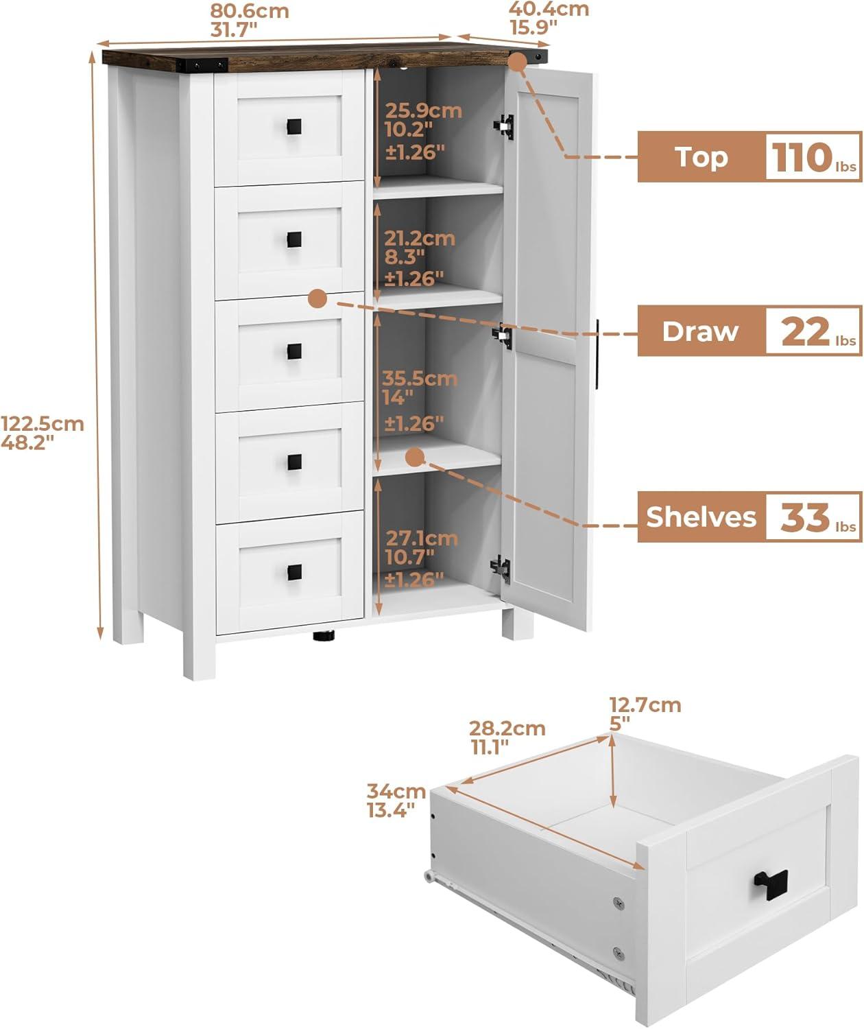 White Farmhouse 48" Tall 5-Drawer Dresser with Barn Door