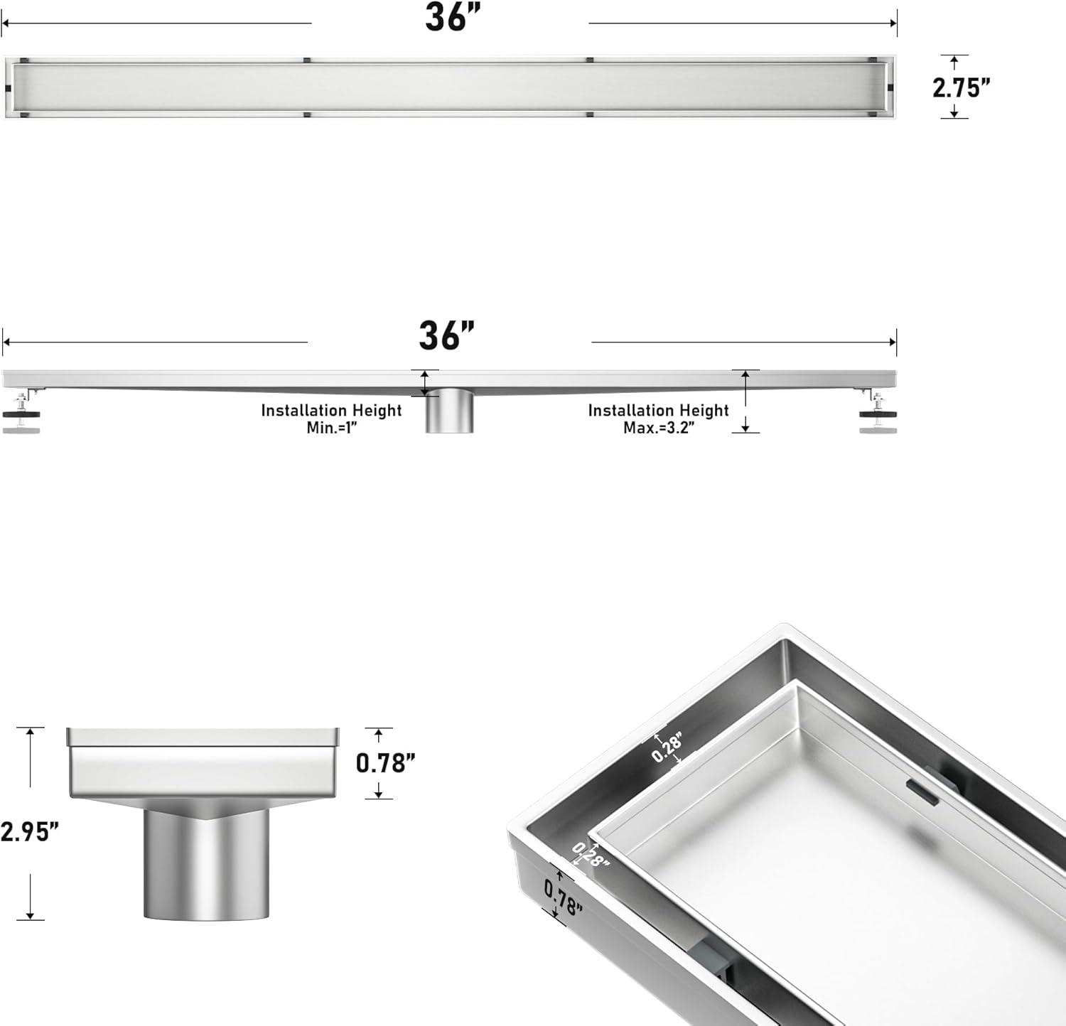 BRÜUN Shower Drain with Removable Square Hole Panel- A (36-inch) 304 Stainless Steel Long Channel Brushed Finish Linear Bathroom Floor Drain Include Hair Strainer and Leveling Feet for Water Waste