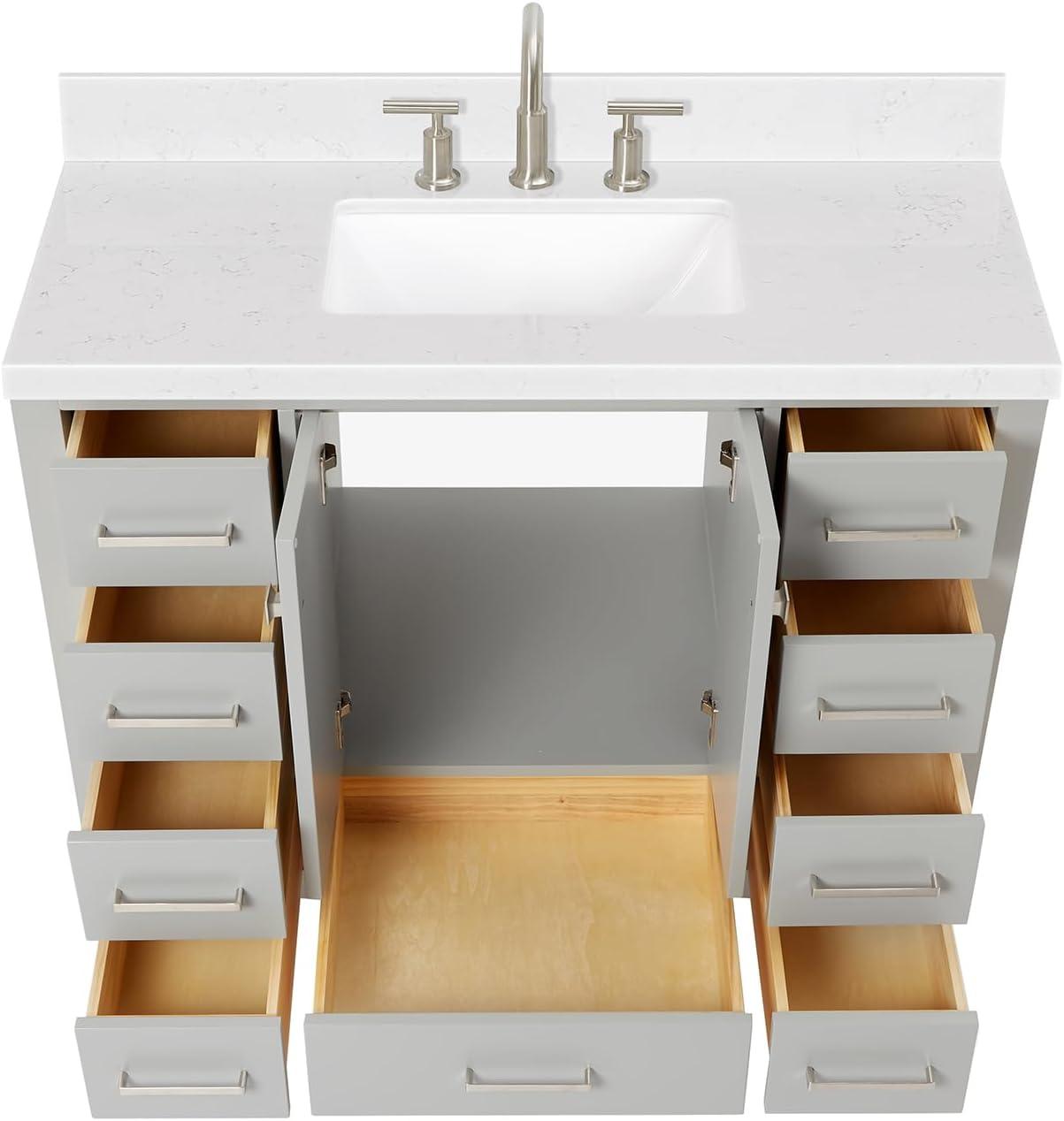 Eviva Aberdeen 42"W x 22"D Gray Bathroom Vanity with White Carrara Quartz Countertop and Undermount Porcelain Sink
