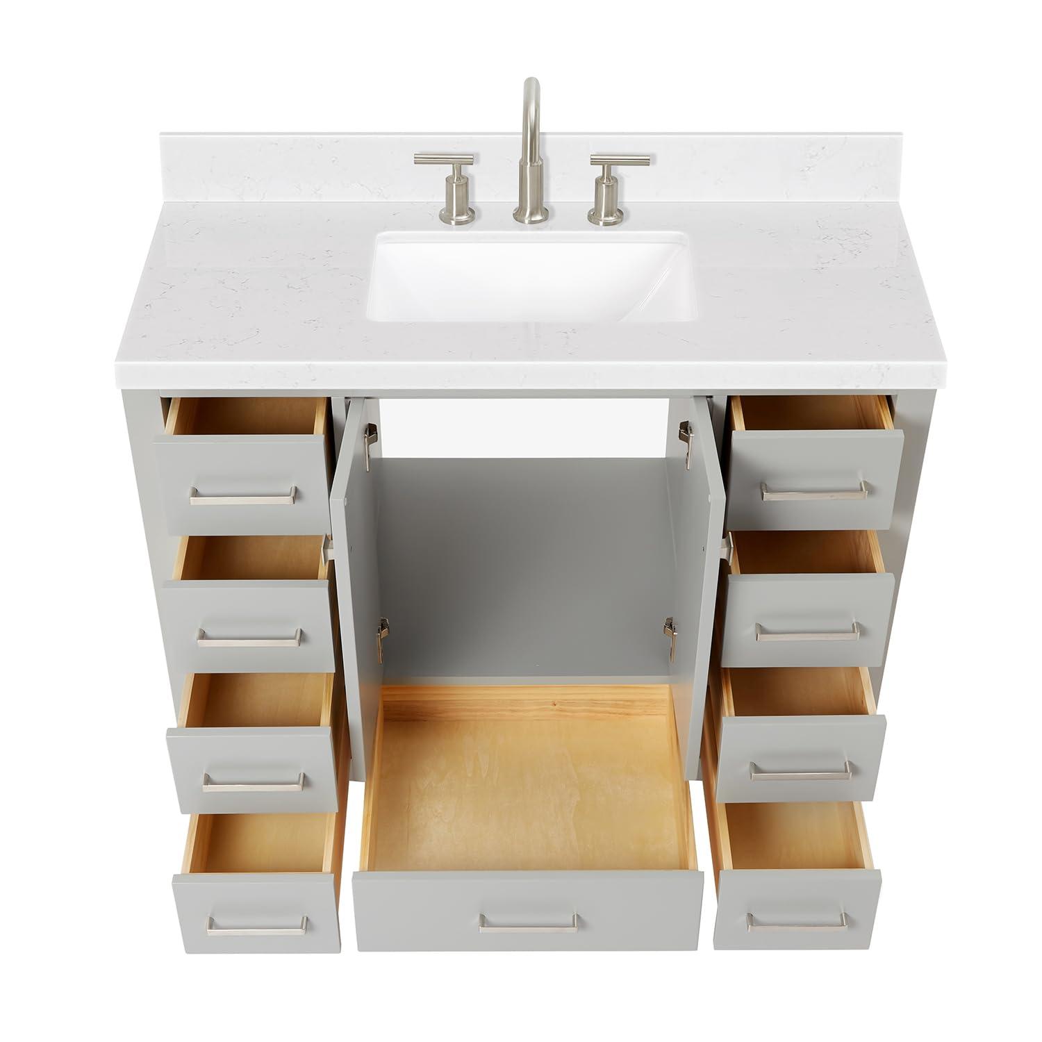 Eviva Aberdeen 42"W x 22"D Gray Bathroom Vanity with White Carrara Quartz Countertop and Undermount Porcelain Sink