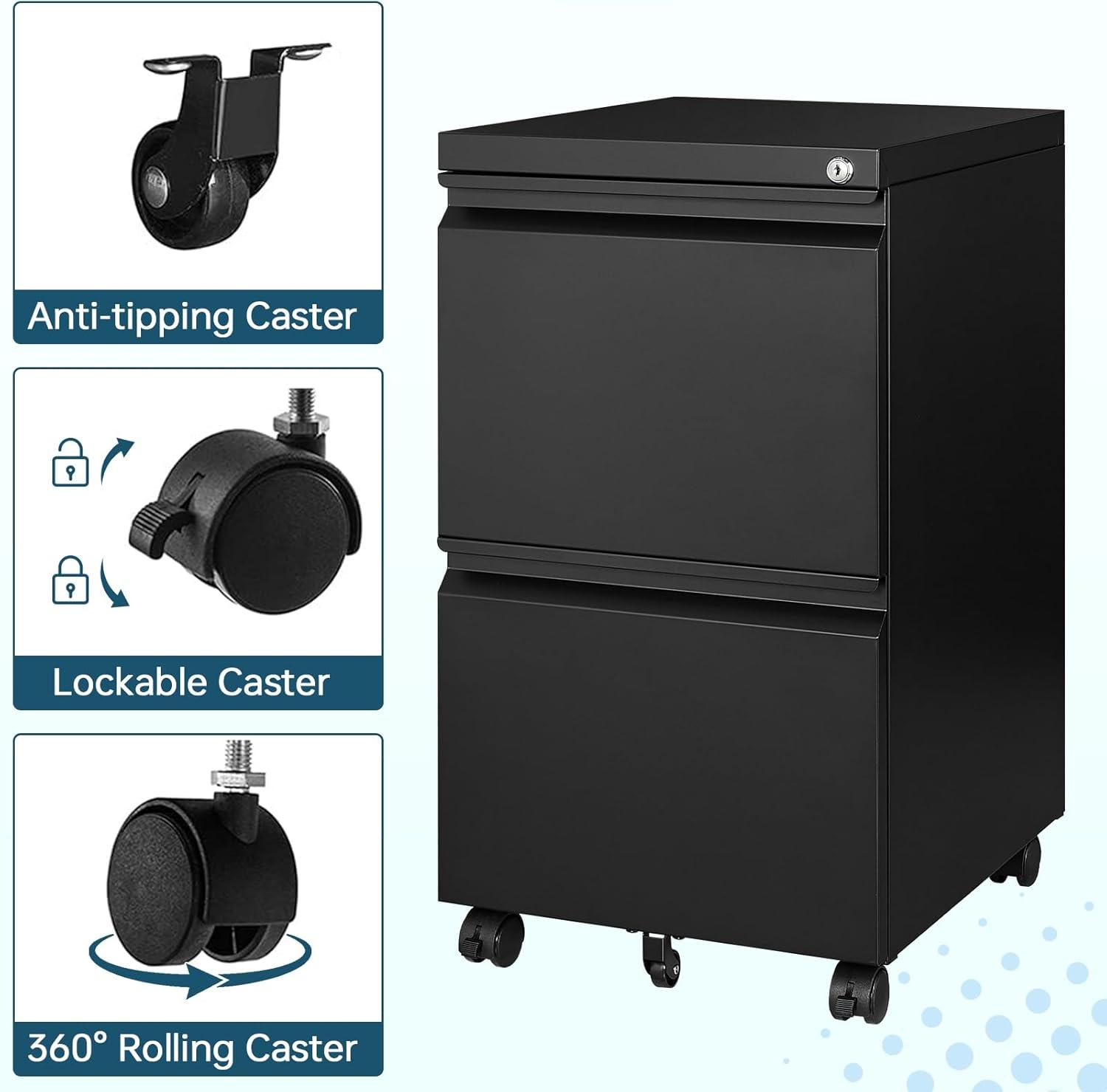 MIIIKO File Cabinet 3 Drawers on Wheels Under Desk, Black Metal Rolling File Cabinets with Lock for Home Office, Un-Assembled Filing Cabinet with Lock
