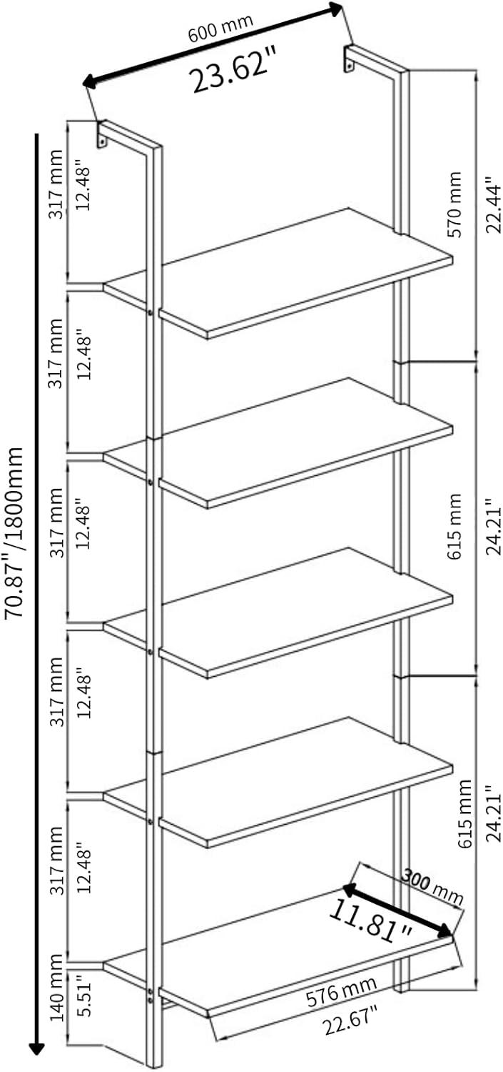 Zimtown 5-Shelf Wood Bookcase, Wall Mounted Learning Ladder Display Rack for Living Room, Bedroom, Office, White Finish