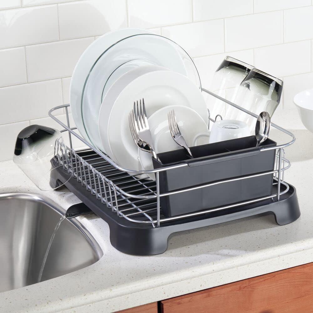 mDesign Alloy Steel Sink Dish Drying Rack Holder with Swivel Spout, Silver/Black