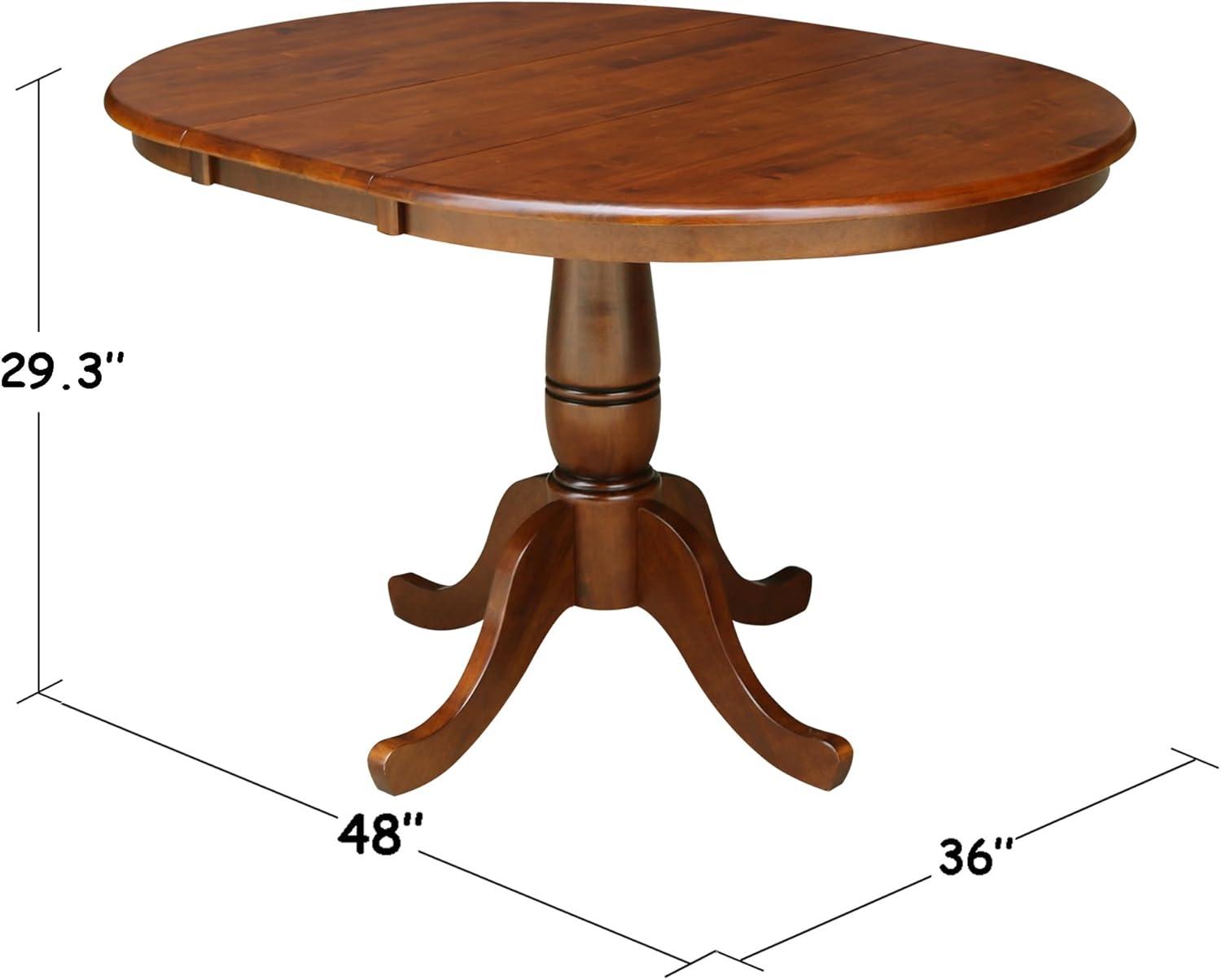 International Concepts Round Pedestal 36" Extendable Dining Table with 12" Drop Leaf: Mid-Century Style, Seats 4, Hardwood