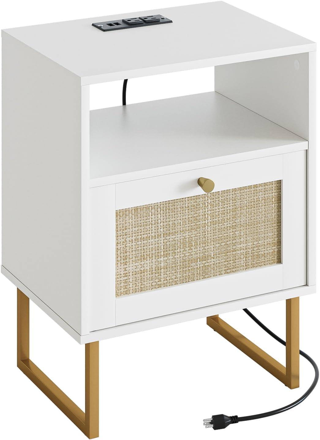 White and Gold Modern Rattan Nightstand with Drawer