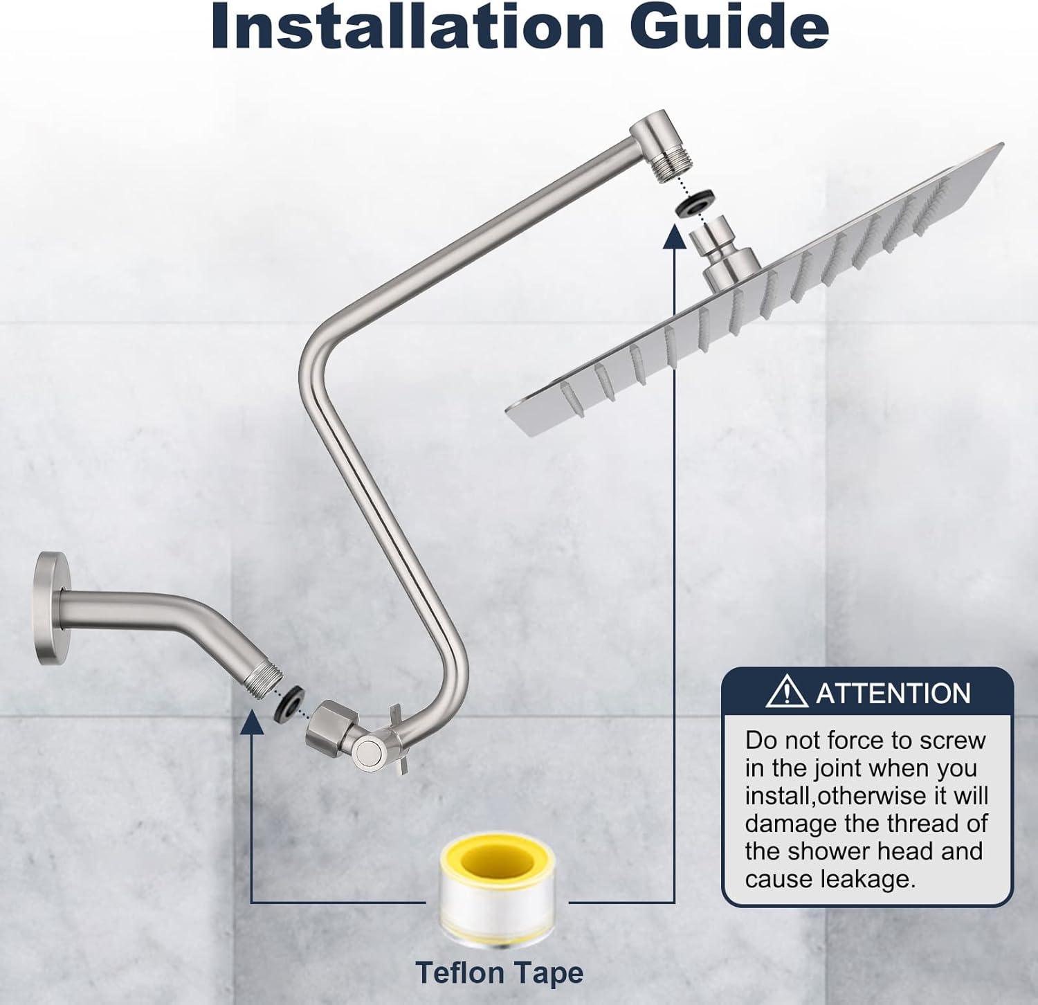 PDPBath 12" Rain Shower Head with Upgrade Adjustable Extension Arm, 304 Stainless Steel High Pressure Rainfall Showerhead, All Metal Large Square Waterfall Fixed Showerhead - Brushed Nickel