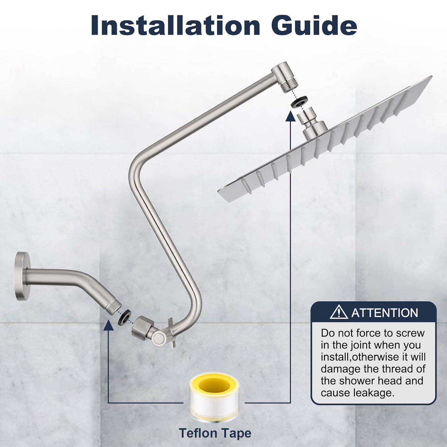 PDPBath 12" Rain Shower Head with Upgrade Adjustable Extension Arm, 304 Stainless Steel High Pressure Rainfall Showerhead, All Metal Large Square Waterfall Fixed Showerhead - Brushed Nickel