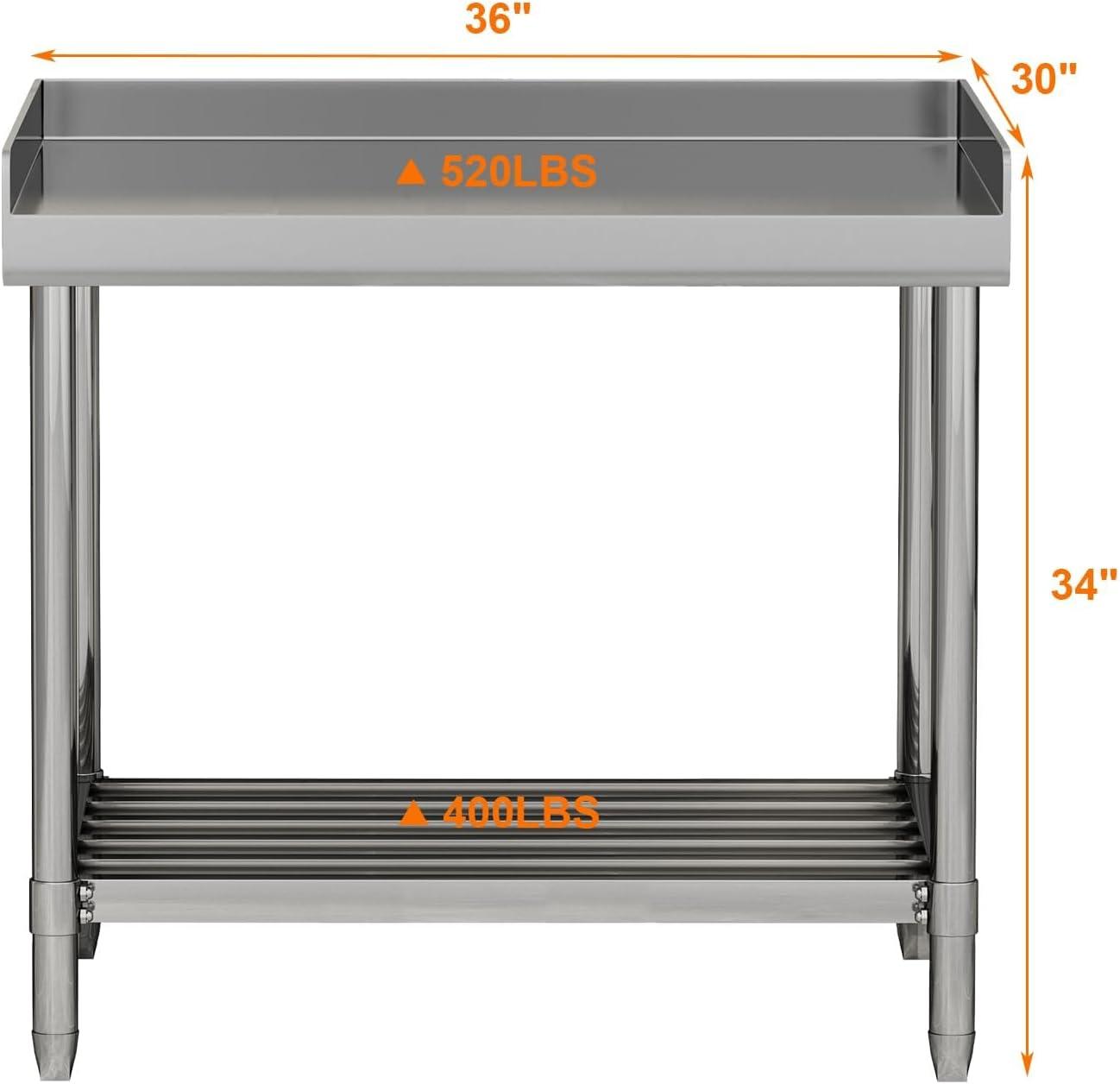 36 x 30 Inch Stainless Steel Work Table with Backsplash for Prep & Work, Heavy Duty Commercial Kitchen Island with Adjustable Undershelf for Home Restaurant
