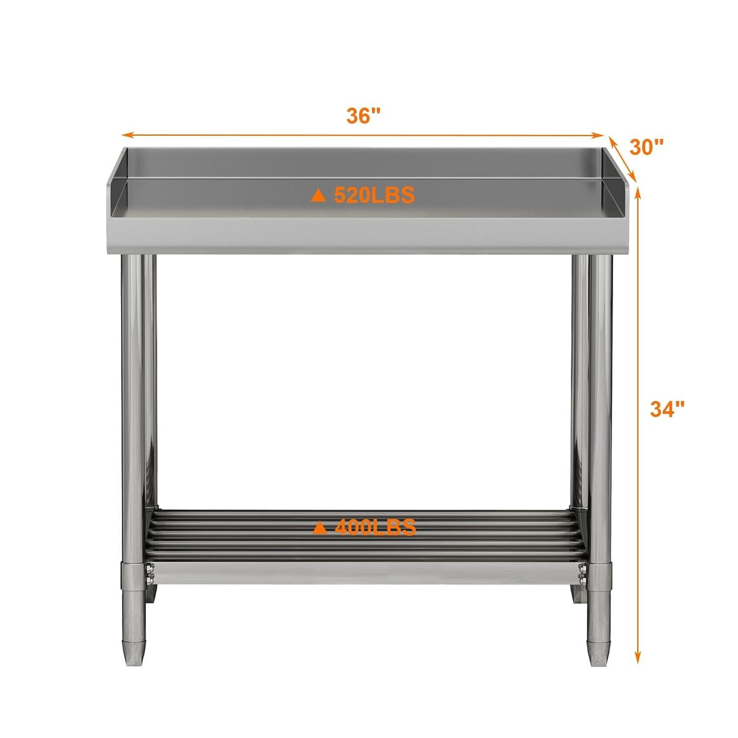 36 x 30 Inch Stainless Steel Work Table with Backsplash for Prep & Work, Heavy Duty Commercial Kitchen Island with Adjustable Undershelf for Home Restaurant